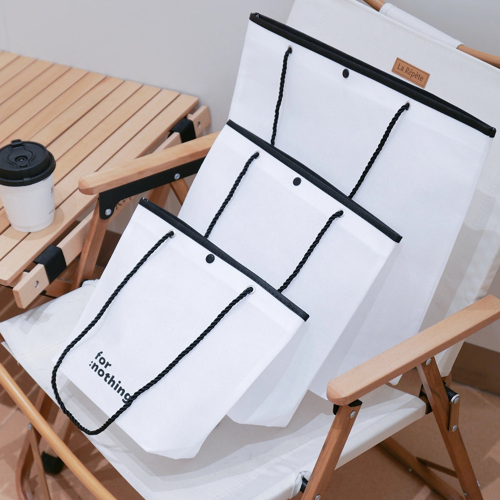 Rope-Handle Stitched Non-Woven Tote Bags — 8 Styles — Inverted Trapezoid — White