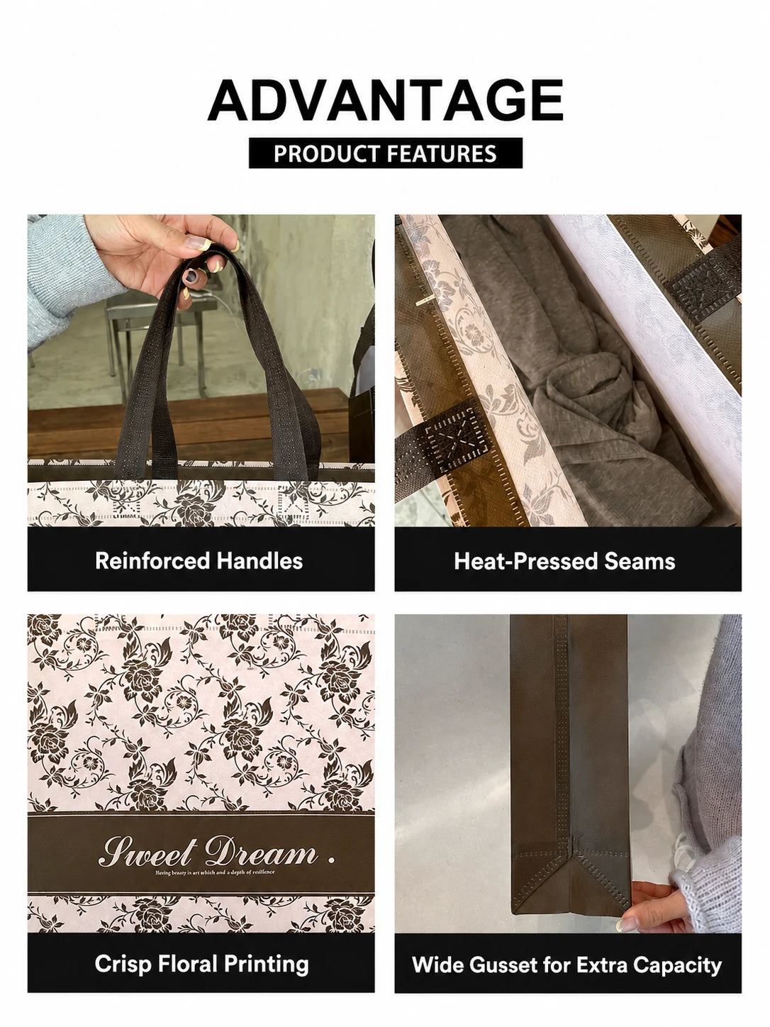 Rose floral non-woven tote bag feature details
