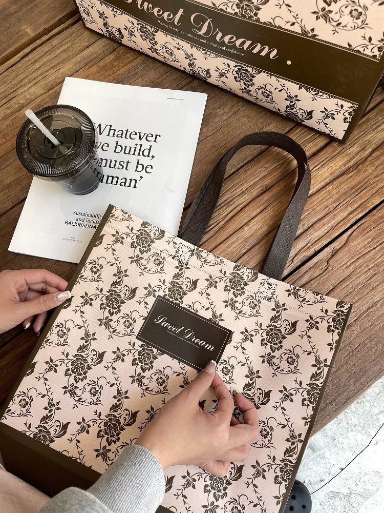 Rose floral non-woven tote bag with reinforced handles