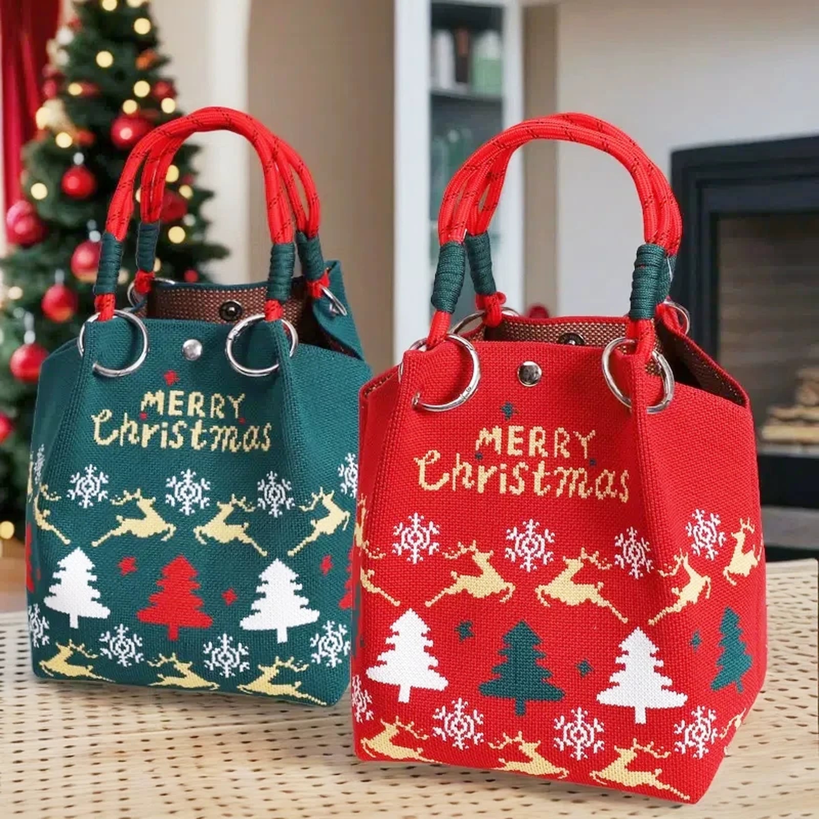 Round-Handle Christmas Fabric Gift Bags – product view