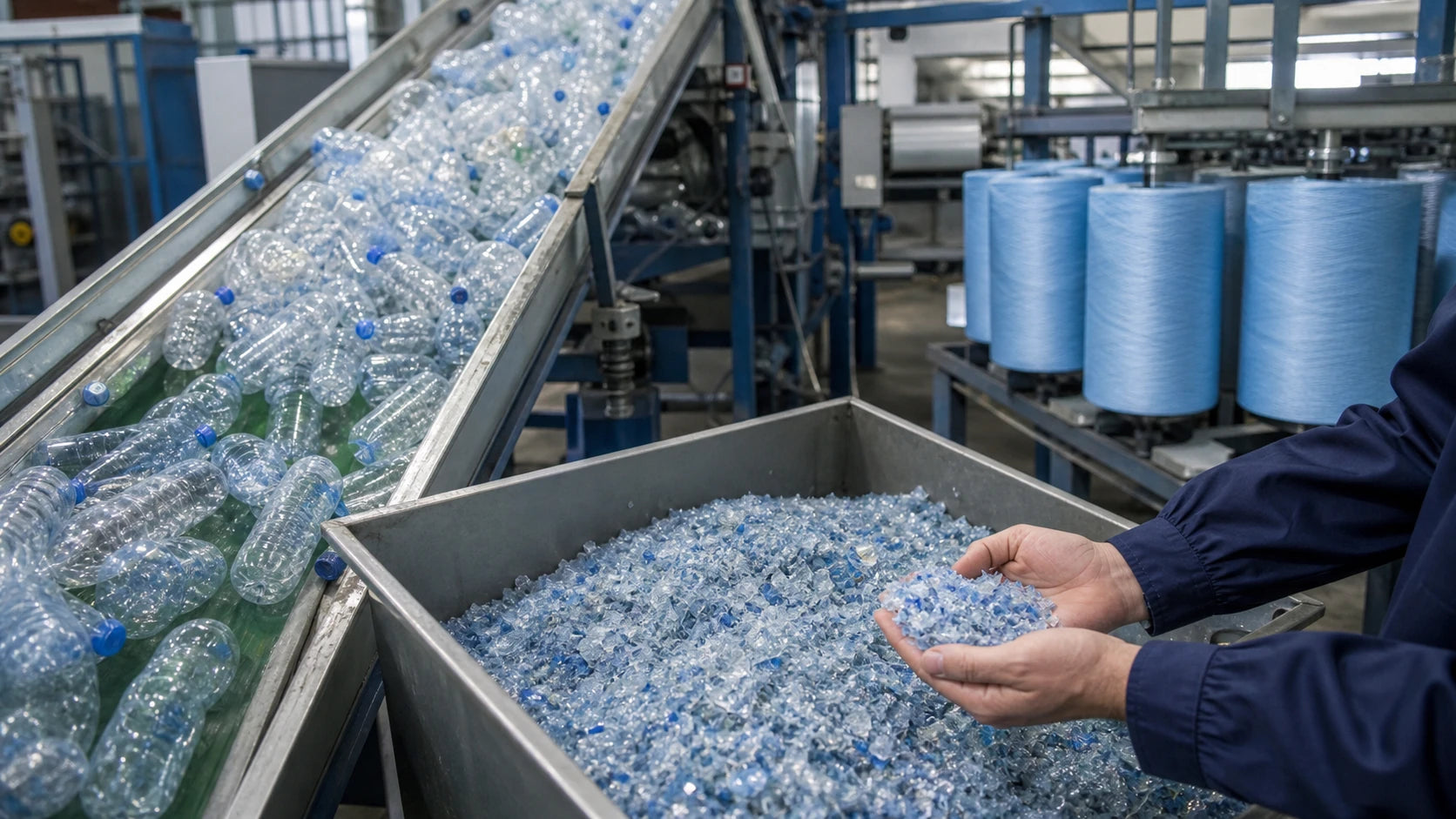 PET bottles flakes and blue recycled polyester yarn on an industrial recycling line