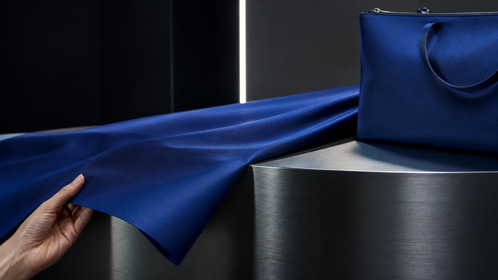 Smooth cobalt RPET fabric draped beside a sleek zip-top tote