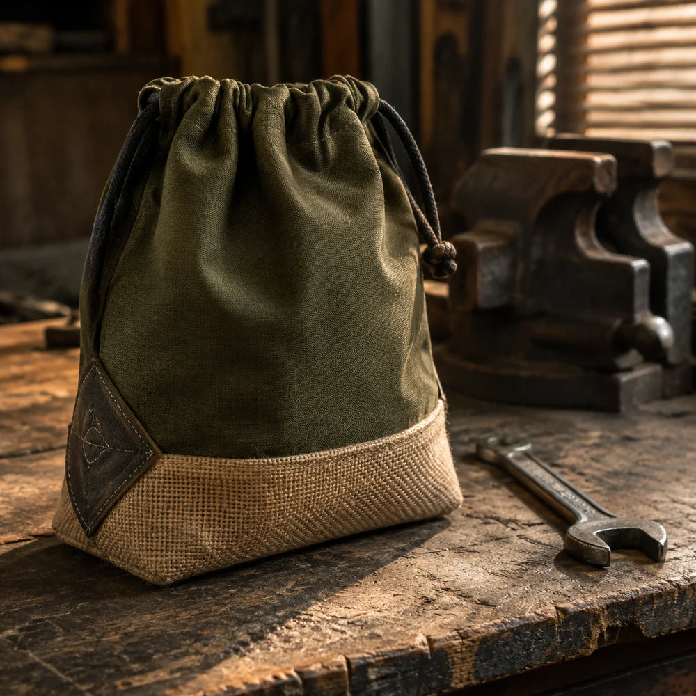 Olive canvas and natural jute drawstring pouch for rugged utility