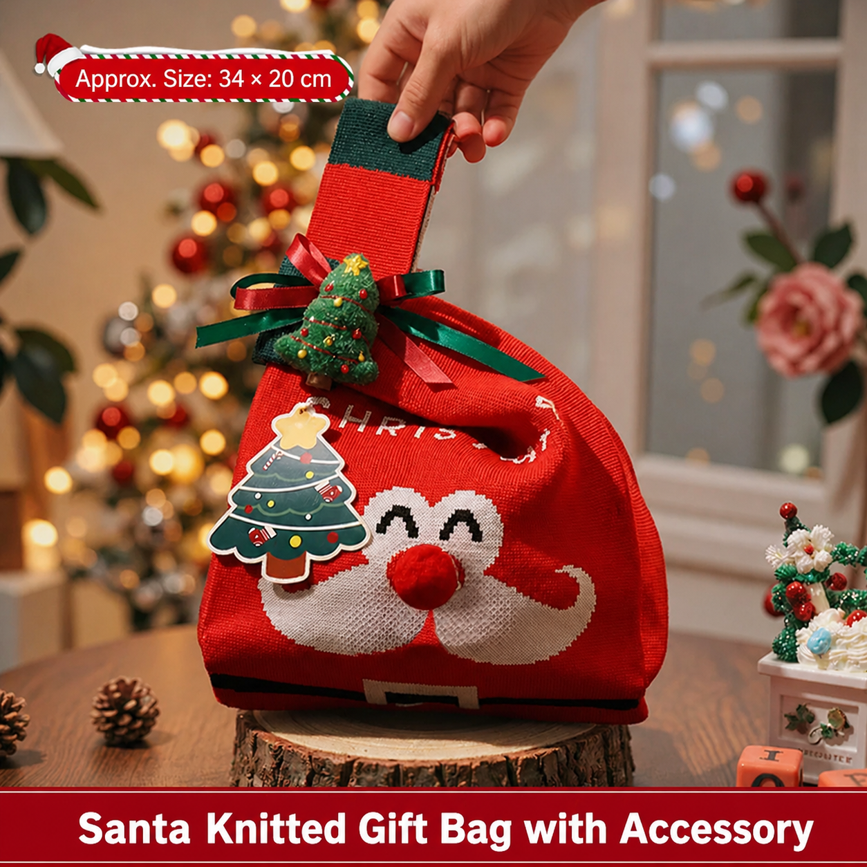 Santa knitted Christmas gift bag with matching ornament accessory