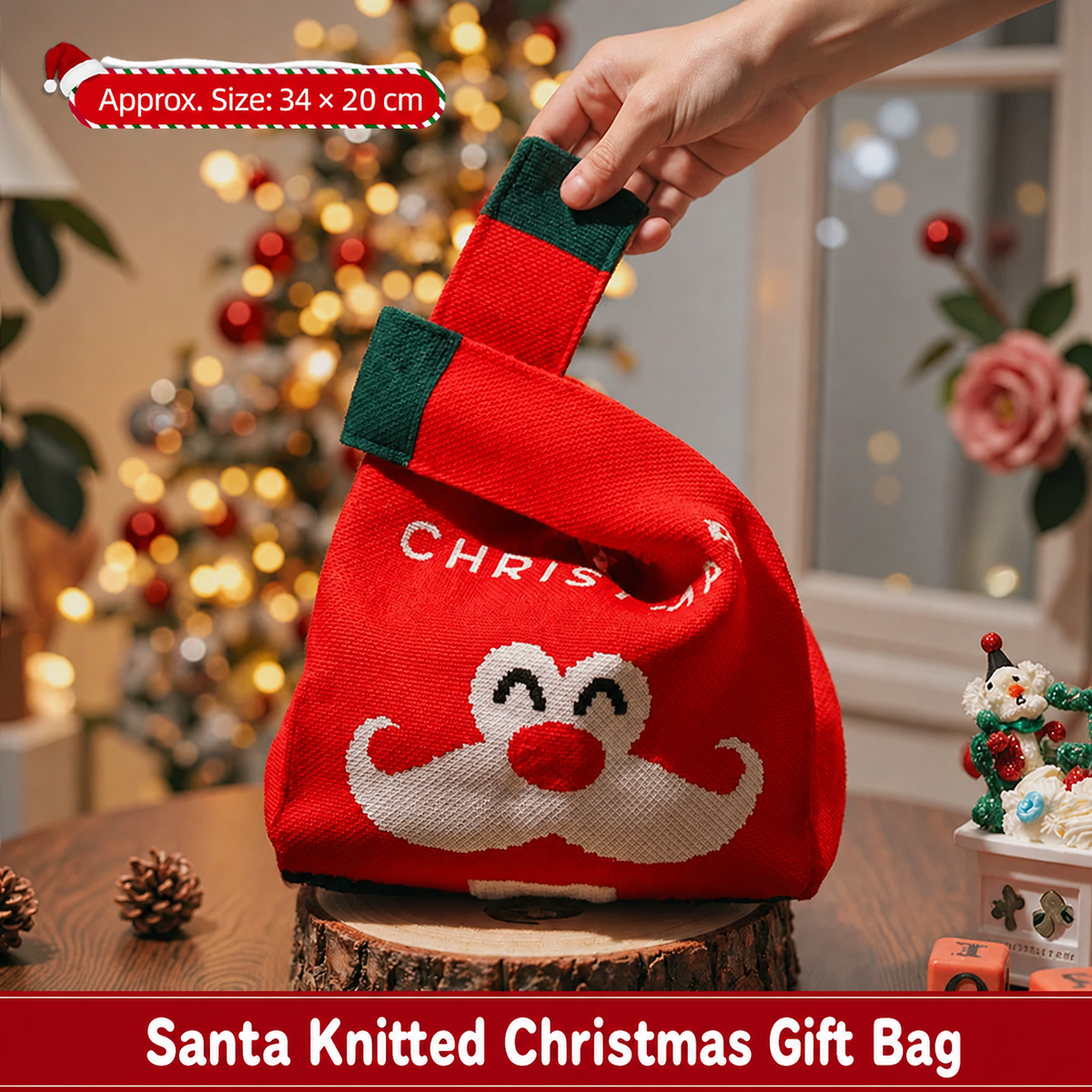 Santa knitted Christmas gift bag with loop handle