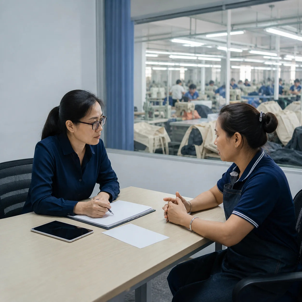 Ethical trade auditor conducting a confidential worker interview