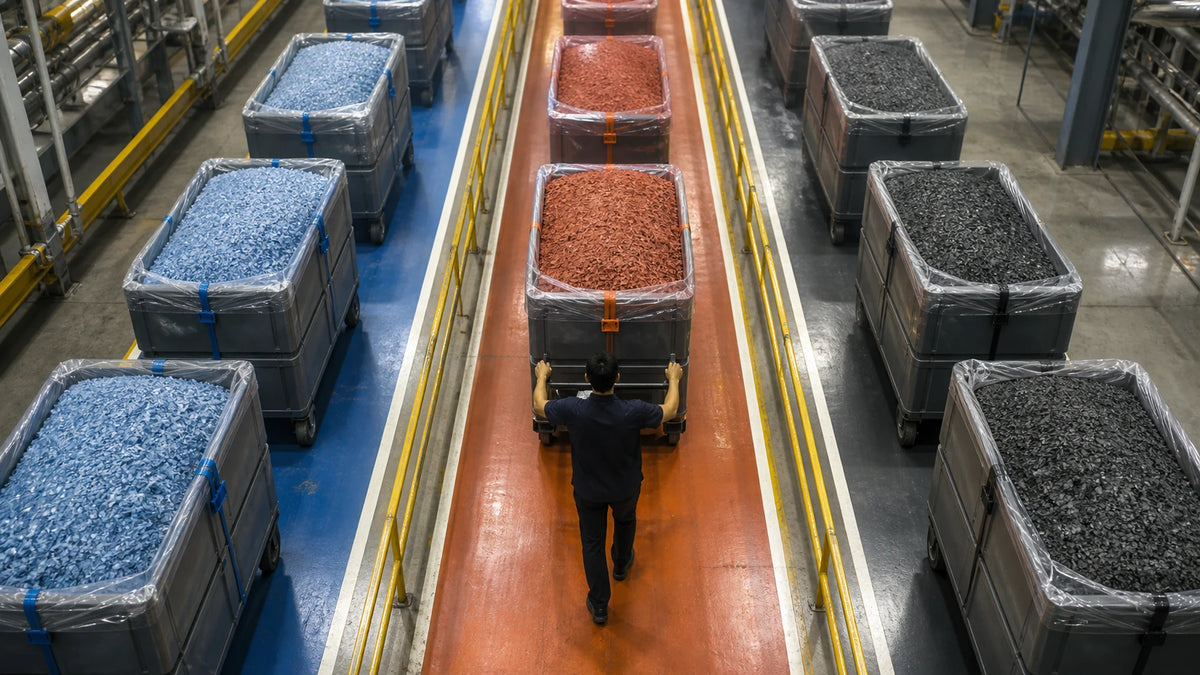 Separated blue rust and charcoal recycled material batches moving through dedicated factory lanes