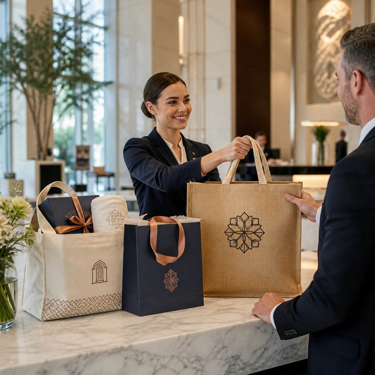 Bolsas de compras personalizadas de lona de yute y papel para regalos de bienvenida de hotel y regalos corporativos