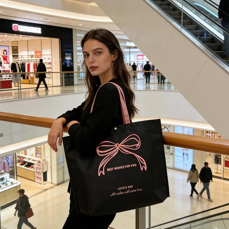 Brown Bow Print shoulder-carry non-woven tote bags — 20 styles