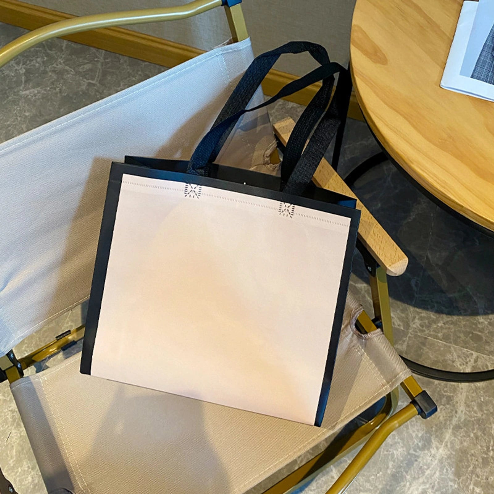 Shoulder-Carry Non-Woven Tote Bags — 3 Colors — Beige with Black Trim