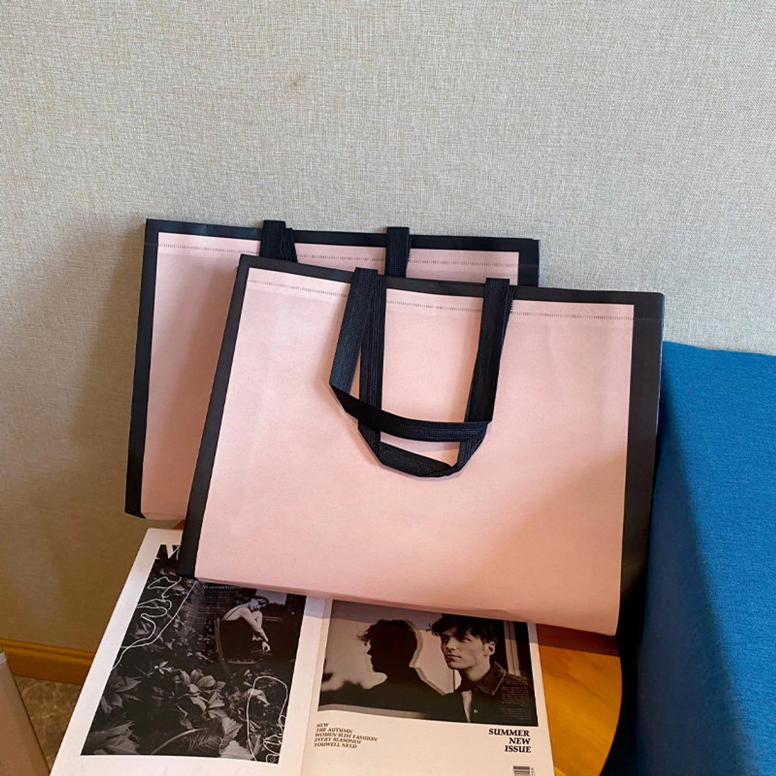 Shoulder-Carry Non-Woven Tote Bags — 3 Colors — Pink with Black Trim
