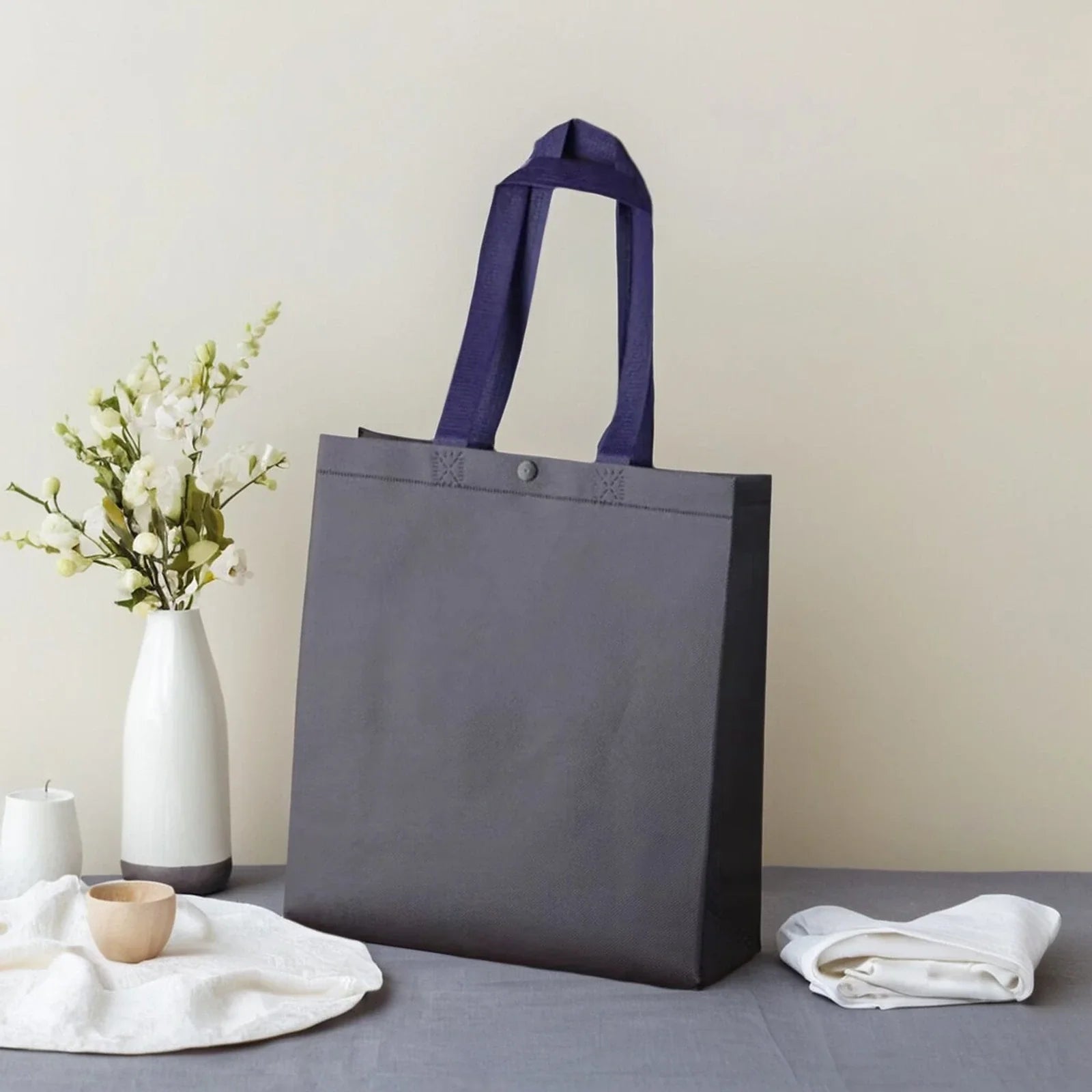 Gray — Snap Closure snap-closure heavy-duty non-woven tote bags — 12 colors
