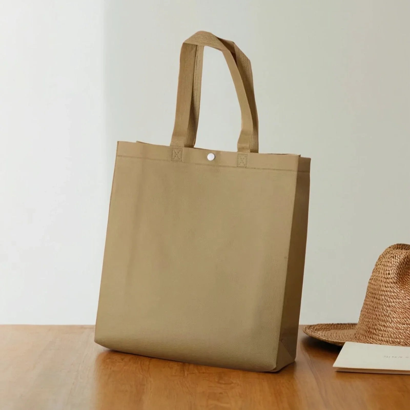 Khaki — Snap Closure snap-closure heavy-duty non-woven tote bags — 12 colors