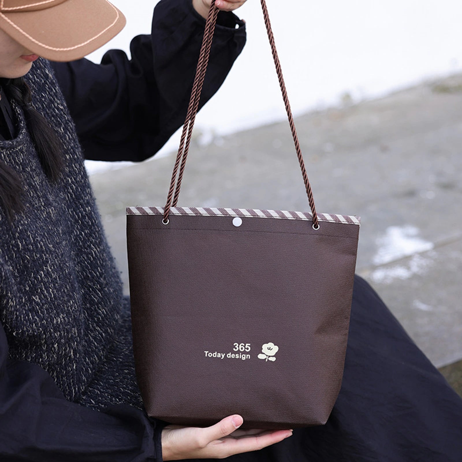 Snap-Closure Inverted-Trapezoid Stitched Non-Woven Tote Bags — 8 Styles — Inverted Trapezoid — Coffee Brown