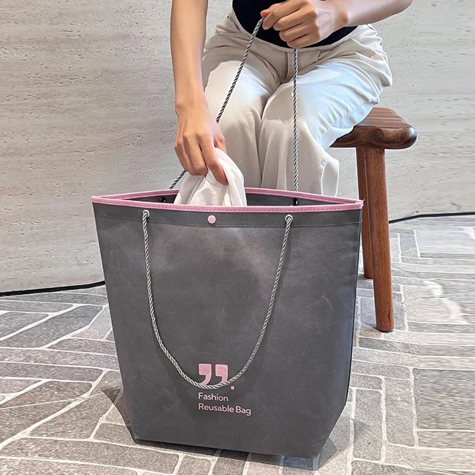 Snap-Closure Inverted-Trapezoid Stitched Non-Woven Tote Bags — 8 Styles — Inverted Trapezoid — Gray