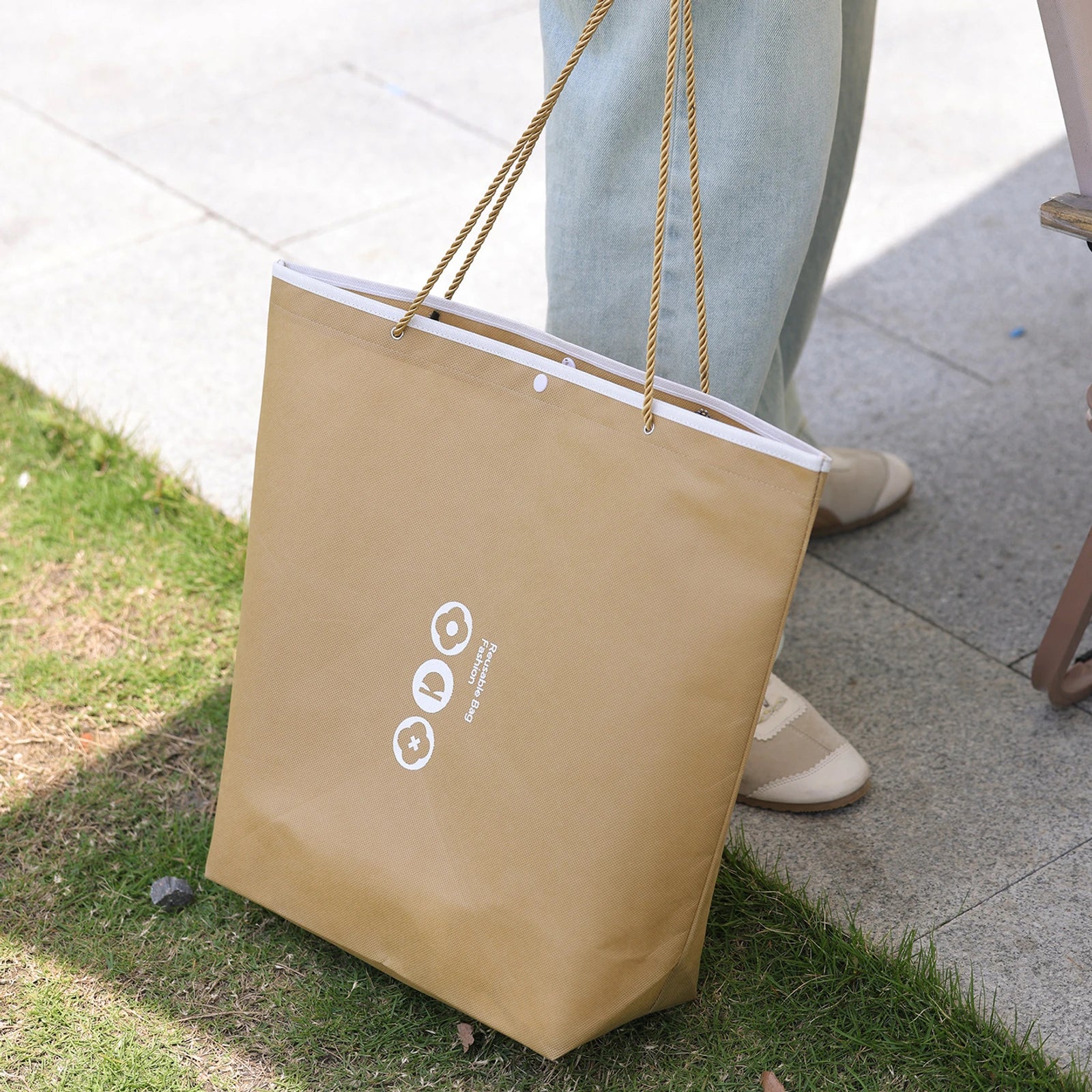 Snap-Closure Inverted-Trapezoid Stitched Non-Woven Tote Bags — 8 Styles — Inverted Trapezoid — Khaki