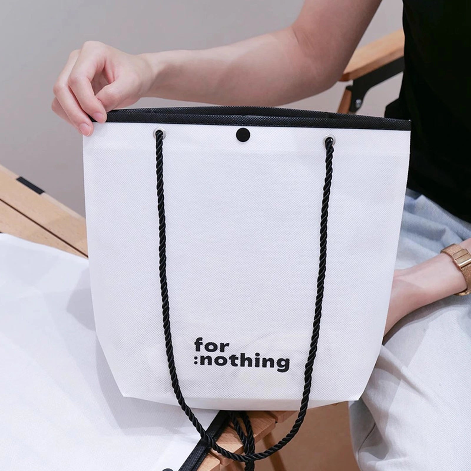 Snap-Closure Inverted-Trapezoid Stitched Non-Woven Tote Bags — 8 Styles — Inverted Trapezoid — White