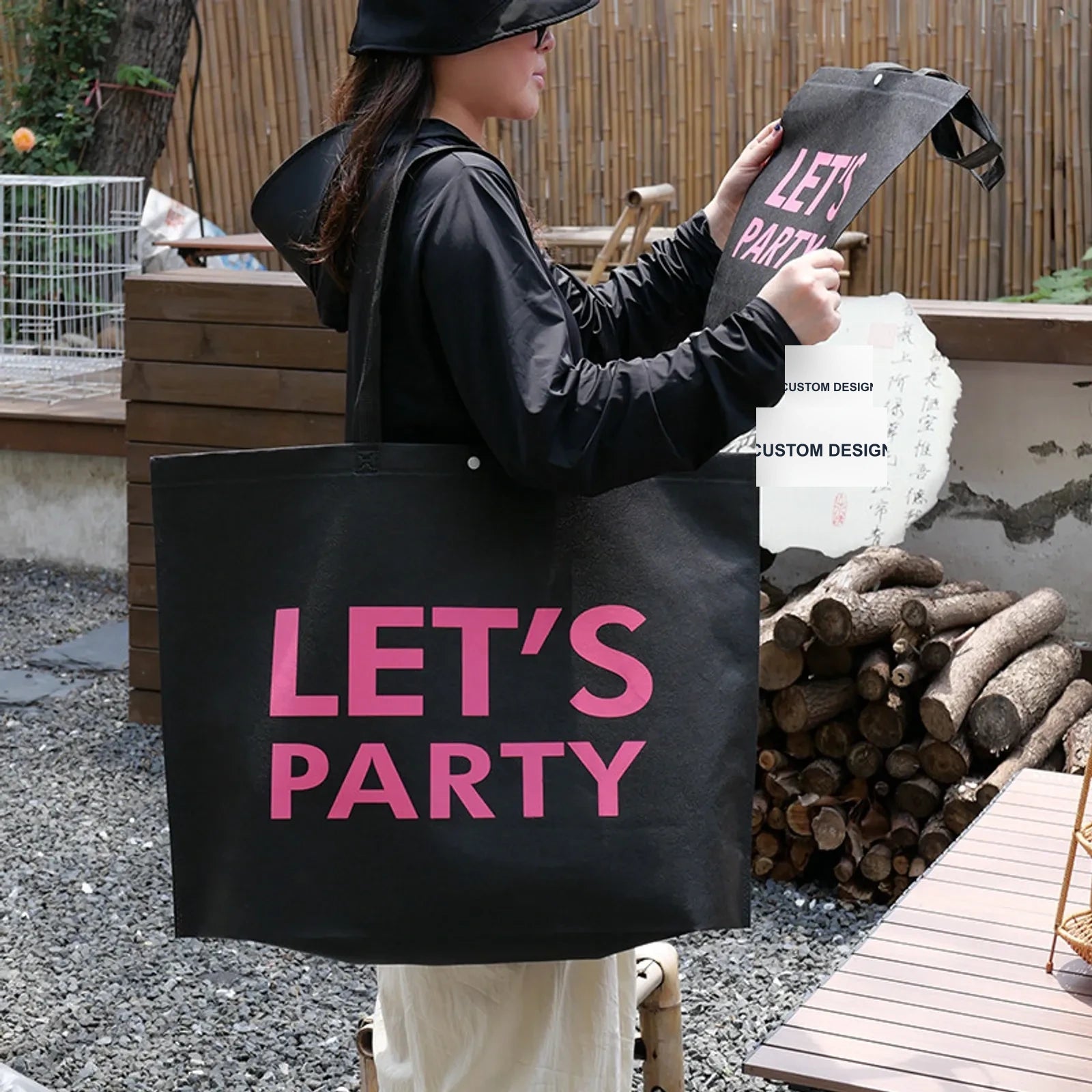 Snap-Closure Large-Capacity Non-Woven Tote Bags — 4 Styles — Black & Hot Pink