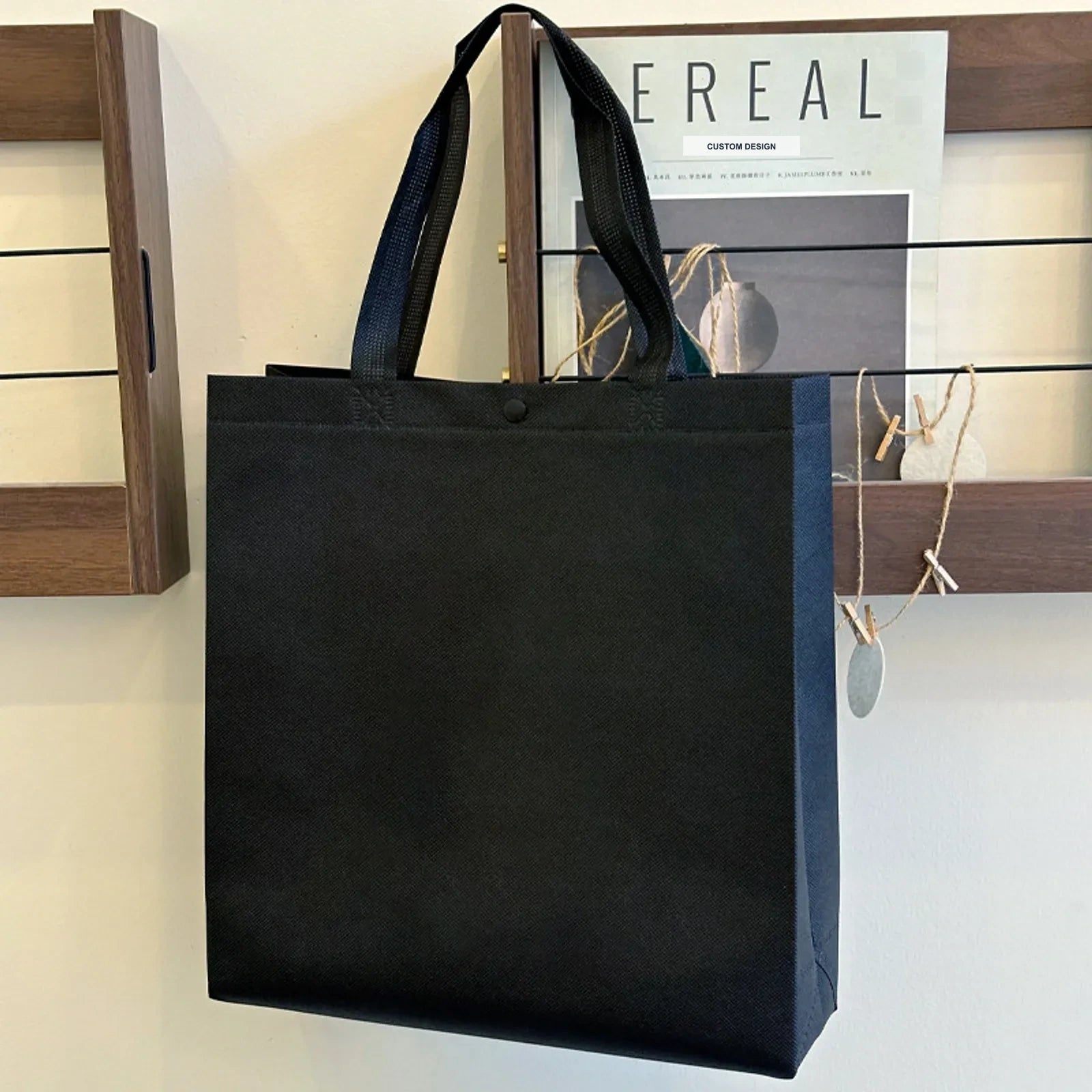 Snap-Closure Non-Woven Tote Bags — 11 Styles — BlackPlain