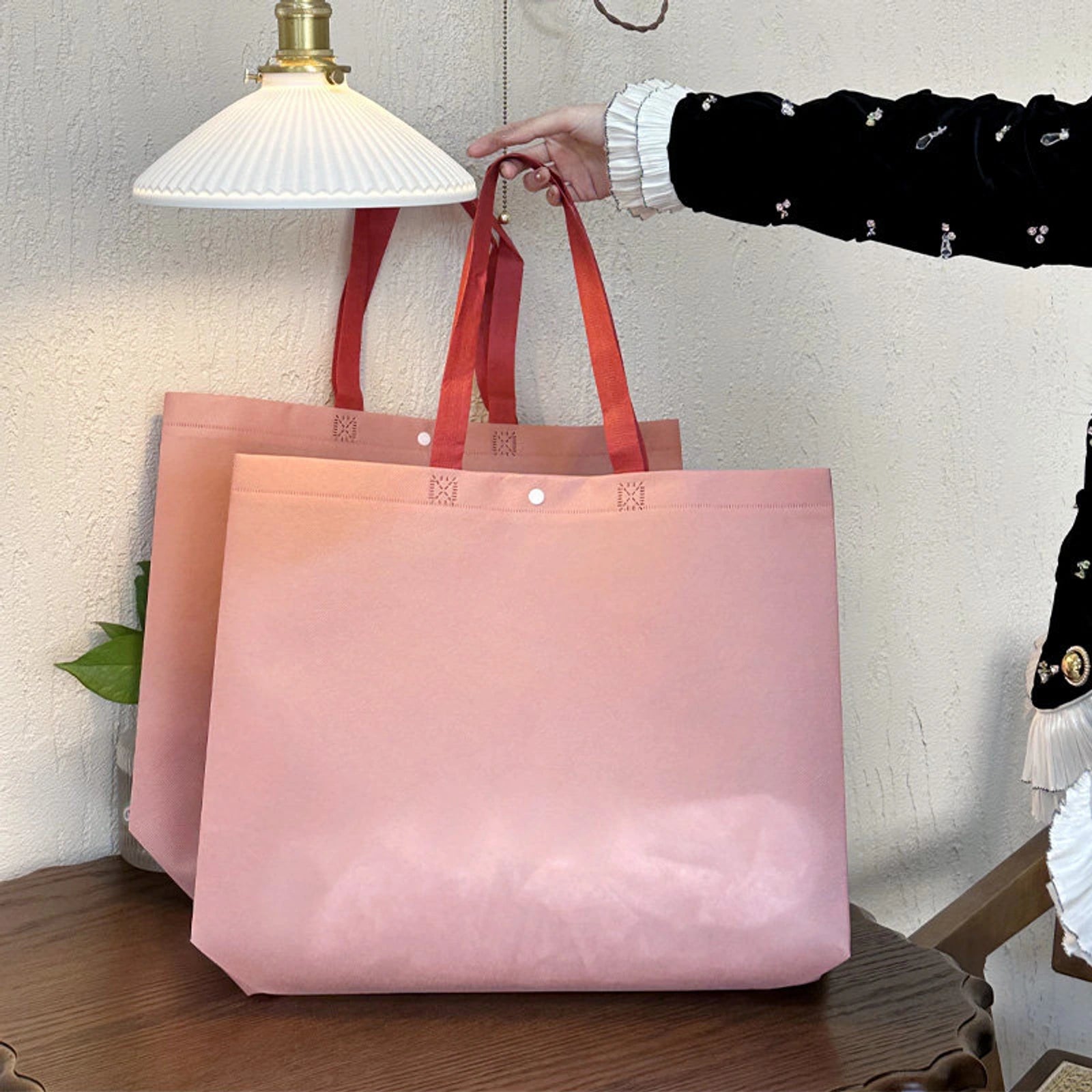 Snap-Closure Non-Woven Tote Bags — 12 Styles — Blush Pink Plain