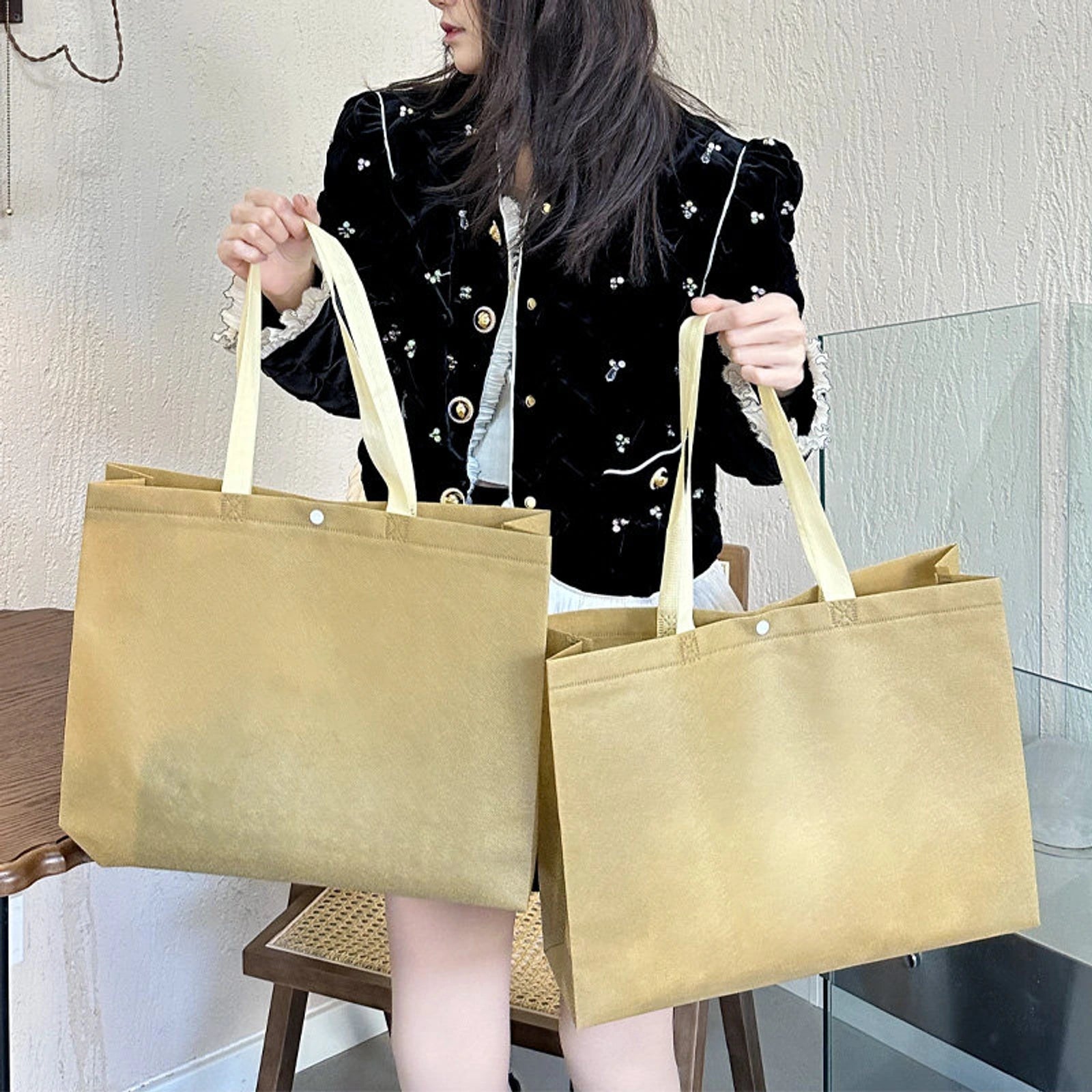 Snap-Closure Non-Woven Tote Bags — 12 Styles — Light Khaki Plain