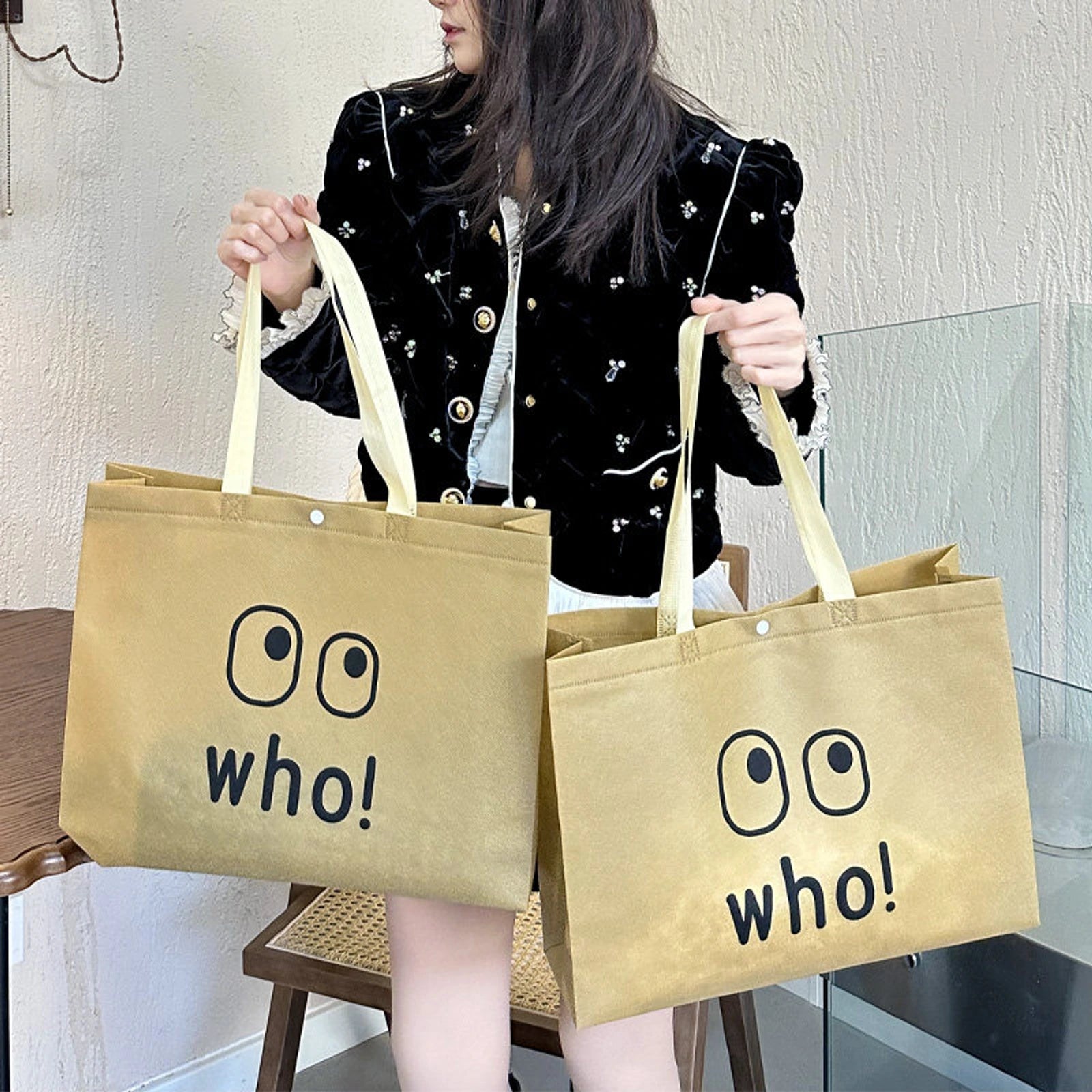 Snap-Closure Non-Woven Tote Bags — 12 Styles — Light Khaki