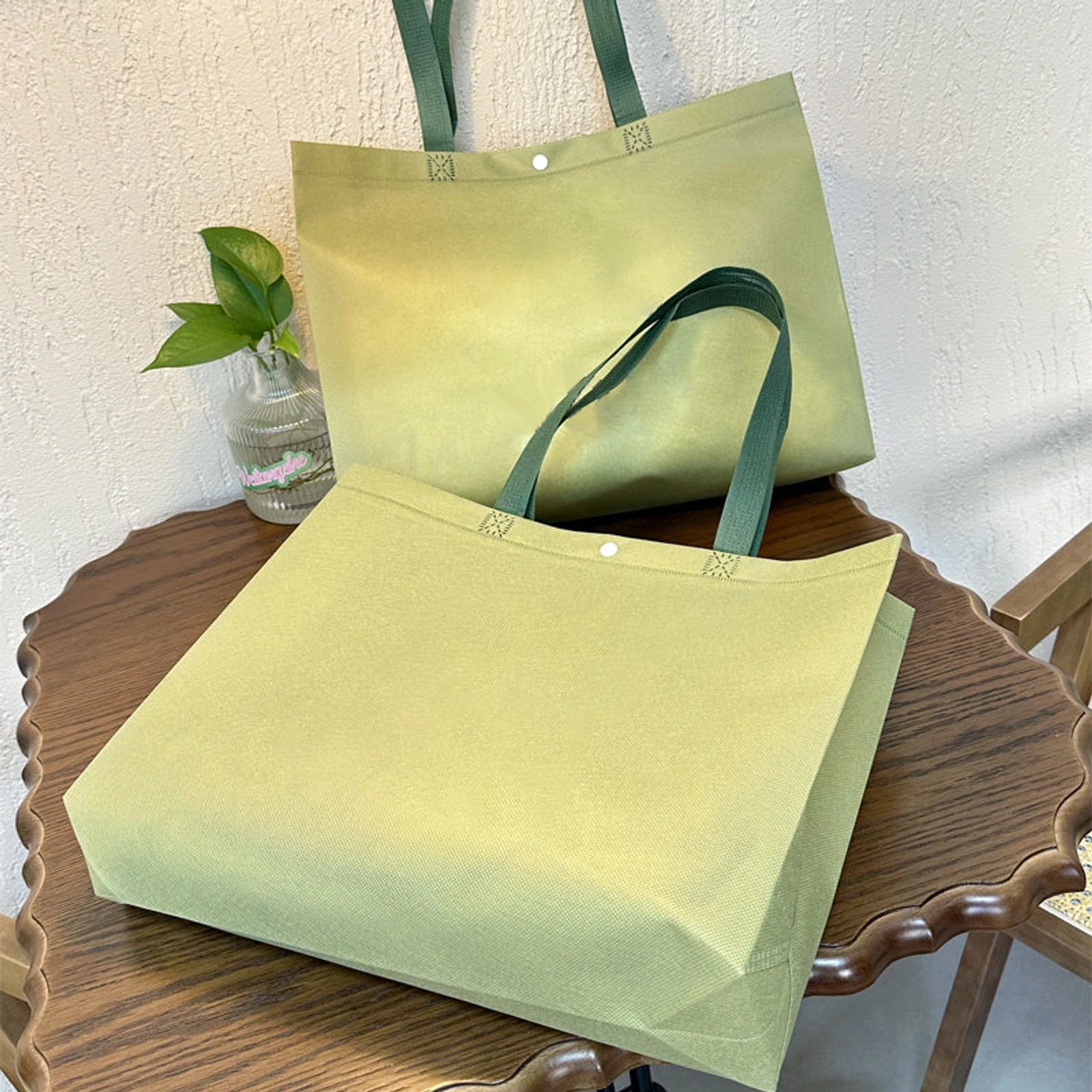 Snap-Closure Non-Woven Tote Bags — 12 Styles — Matcha Green Plain