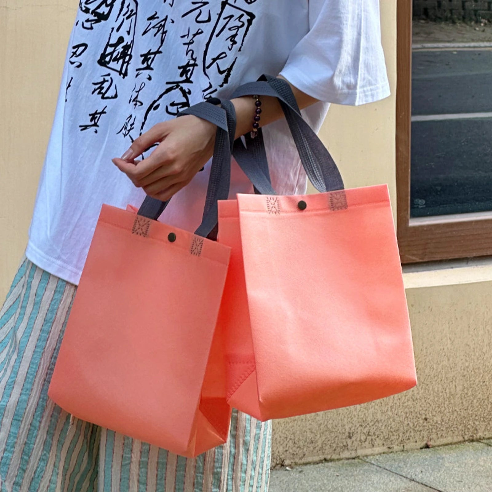 Snap-Closure Non-Woven Tote Bags — 3 Styles — Peach Pink