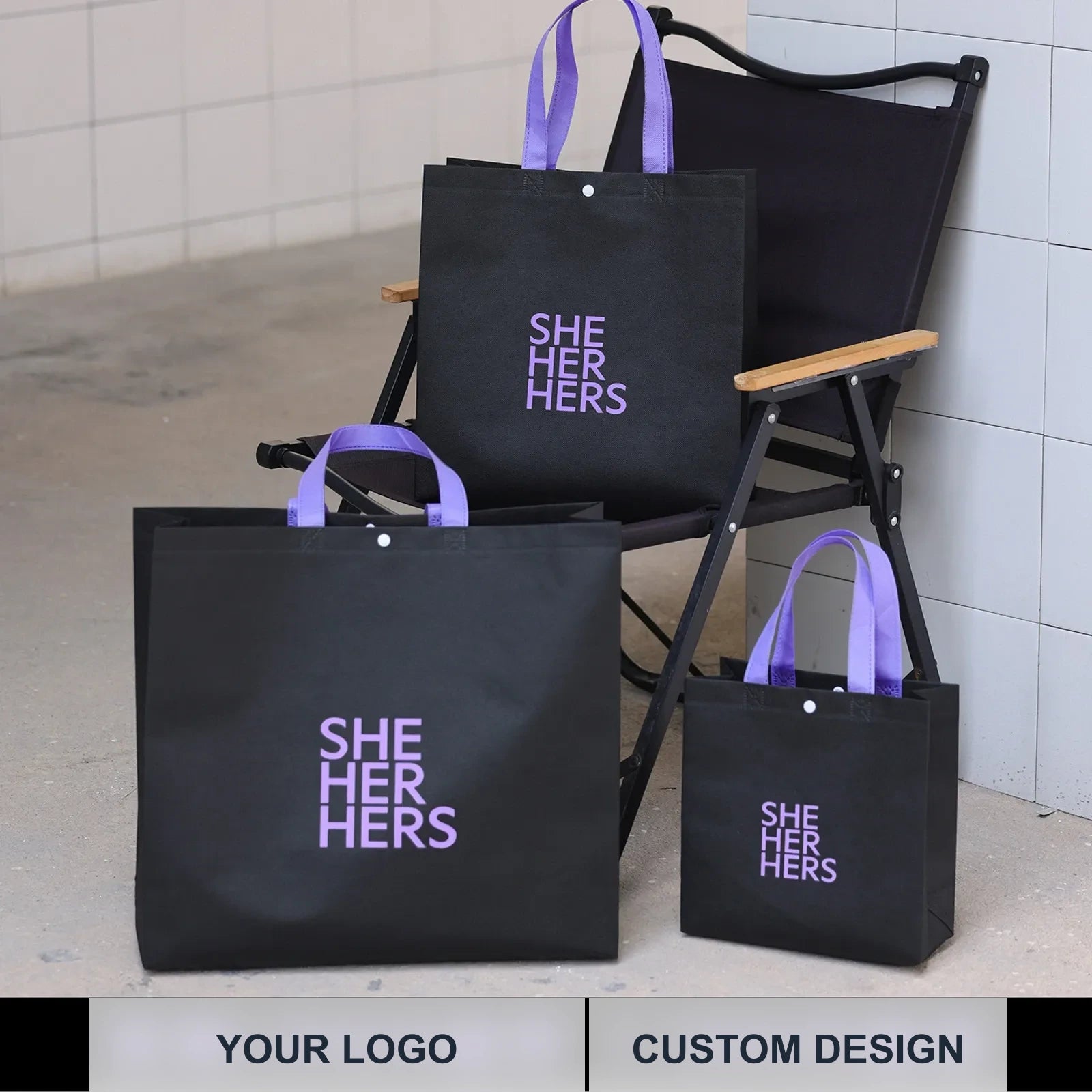 Snap-Closure Non-Woven Tote Bags — 4 Styles — — Black & Purple