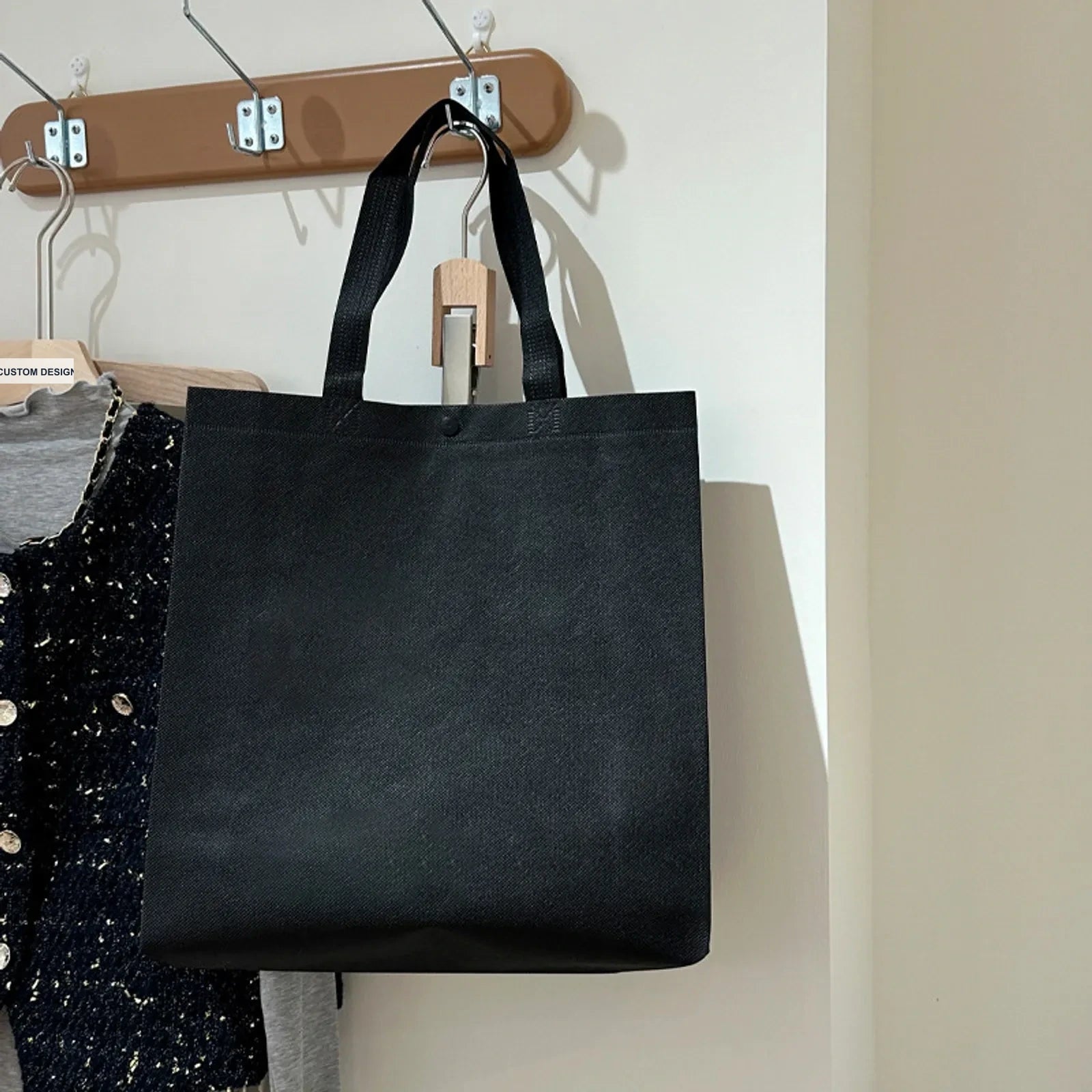 Snap-Closure Non-Woven Tote Bags — 4 Styles — BlackPlain