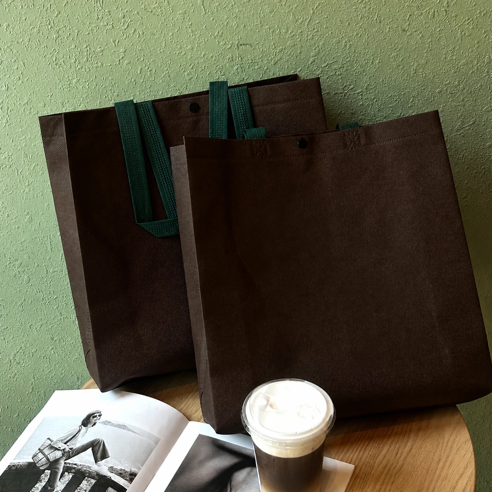 Snap-Closure Non-Woven Tote Bags — 6 Styles — Coffee Brown with Green Handles — Plain
