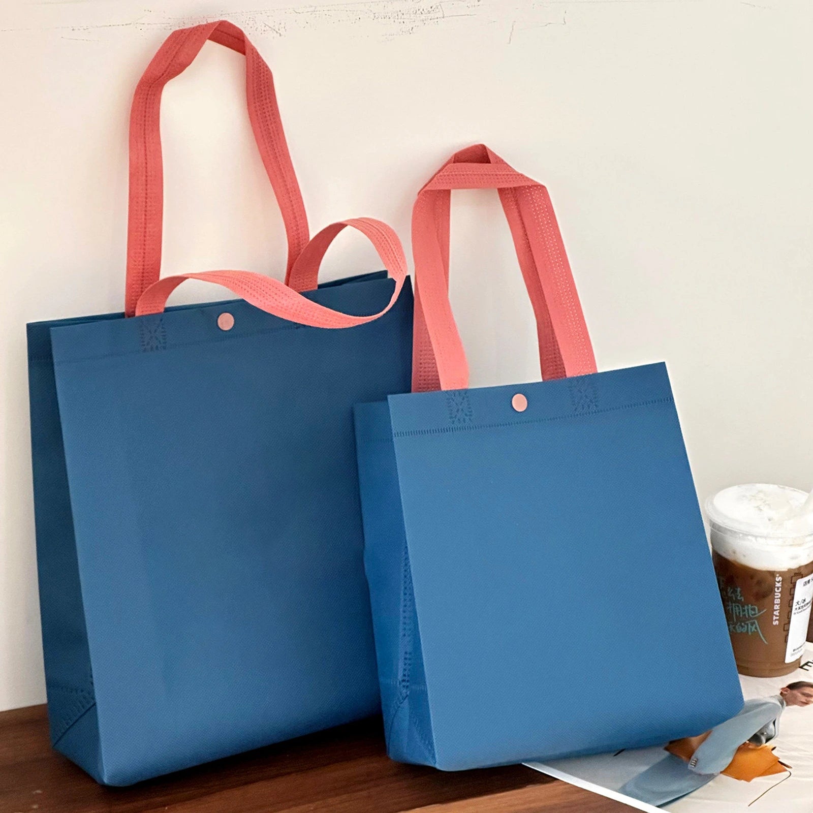 Snap-Closure Non-Woven Tote Bags — 6 Styles — Haze Blue Plain
