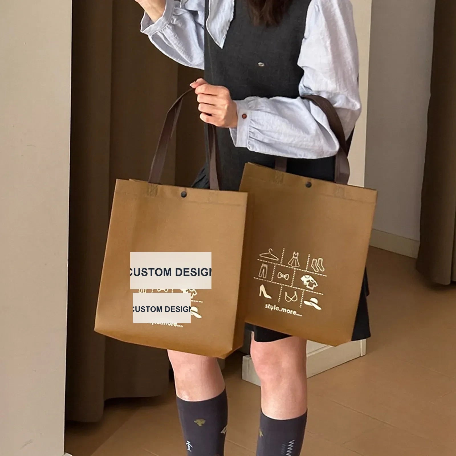 Snap-Closure Non-Woven Tote Bags — 6 Styles — Latte Brown