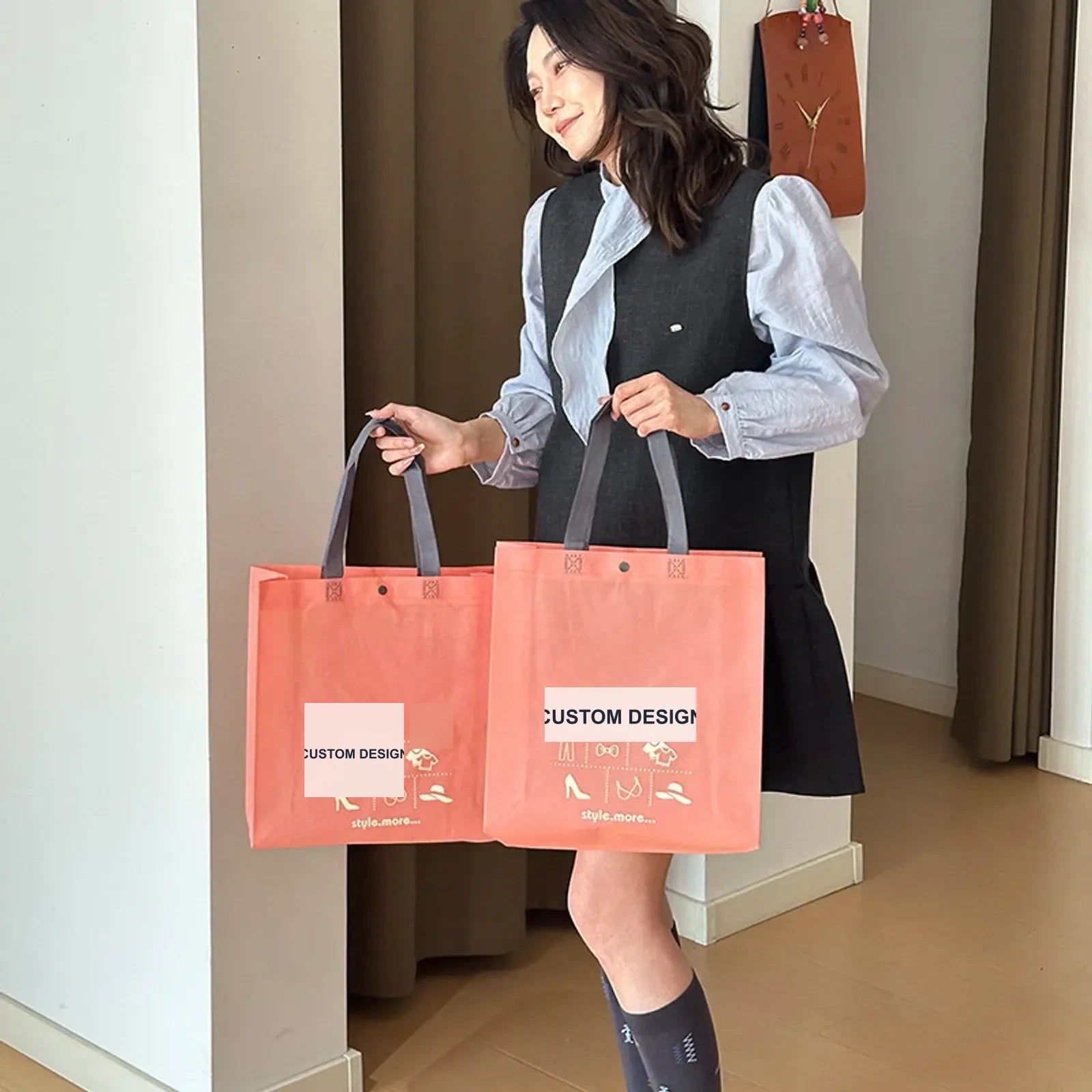 Snap-Closure Non-Woven Tote Bags — 6 Styles — Peach Pink