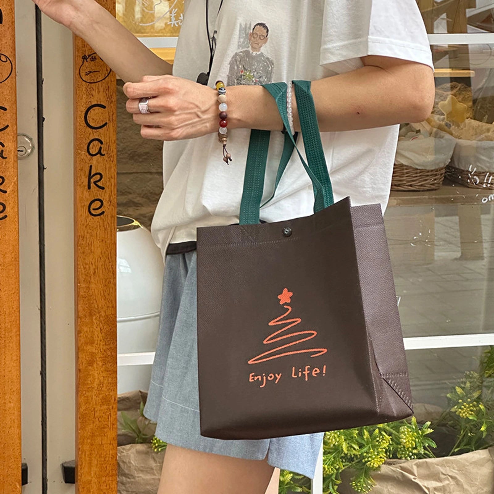 Snap-Closure Non-Woven Tote Bags — 7 Styles — Green Handles Coffee Brown