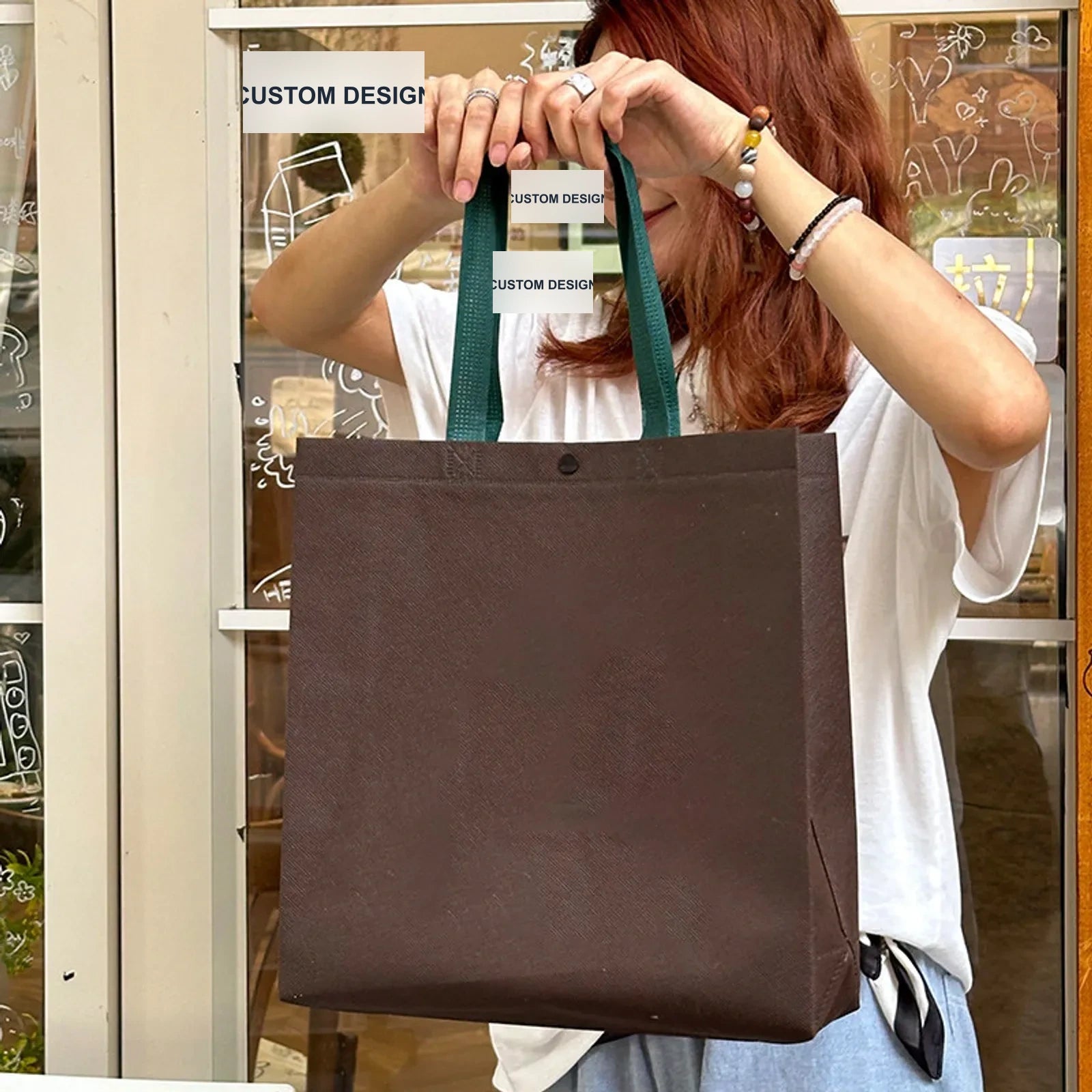 Snap-Closure Non-Woven Tote Bags — 7 Styles — Green Handles Coffee BrownPlain