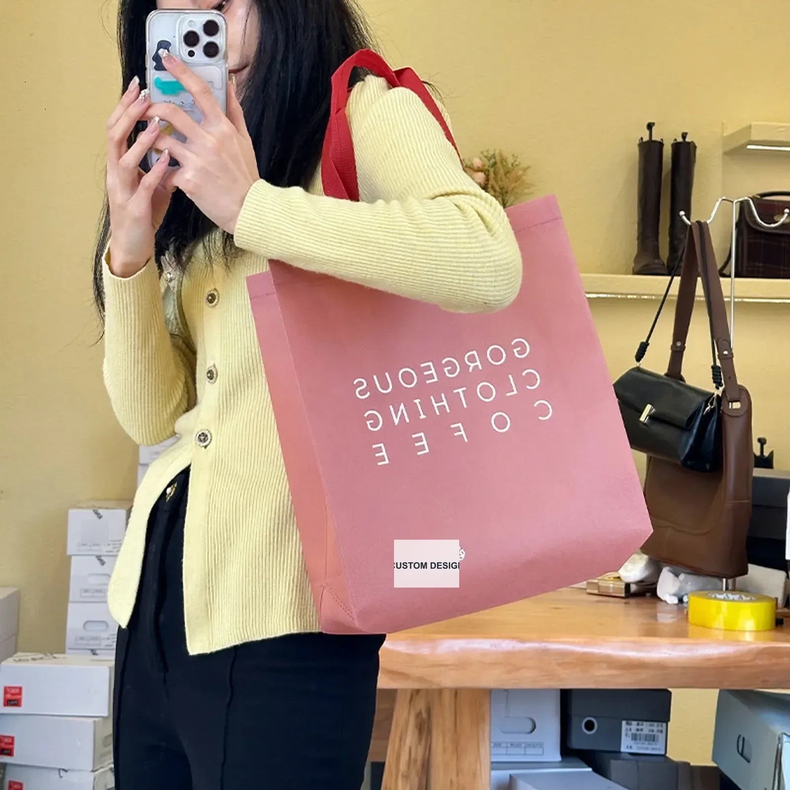 Snap-Closure Non-Woven Tote Bags — 8 Styles — Blush PinkLettering