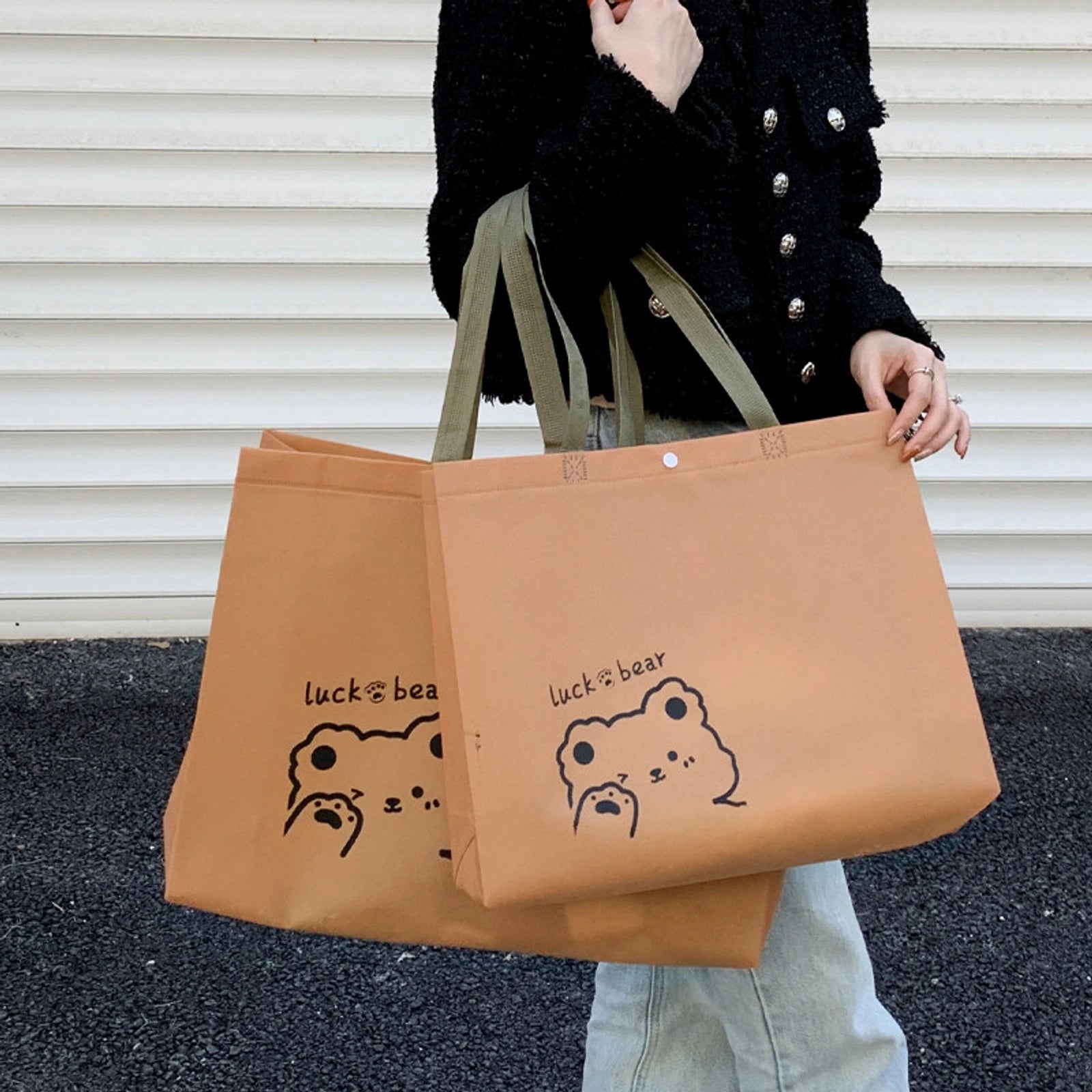 Snap-Closure Non-Woven Tote Bags — 8 Styles — Caramel — Bear Print, Snap Closure