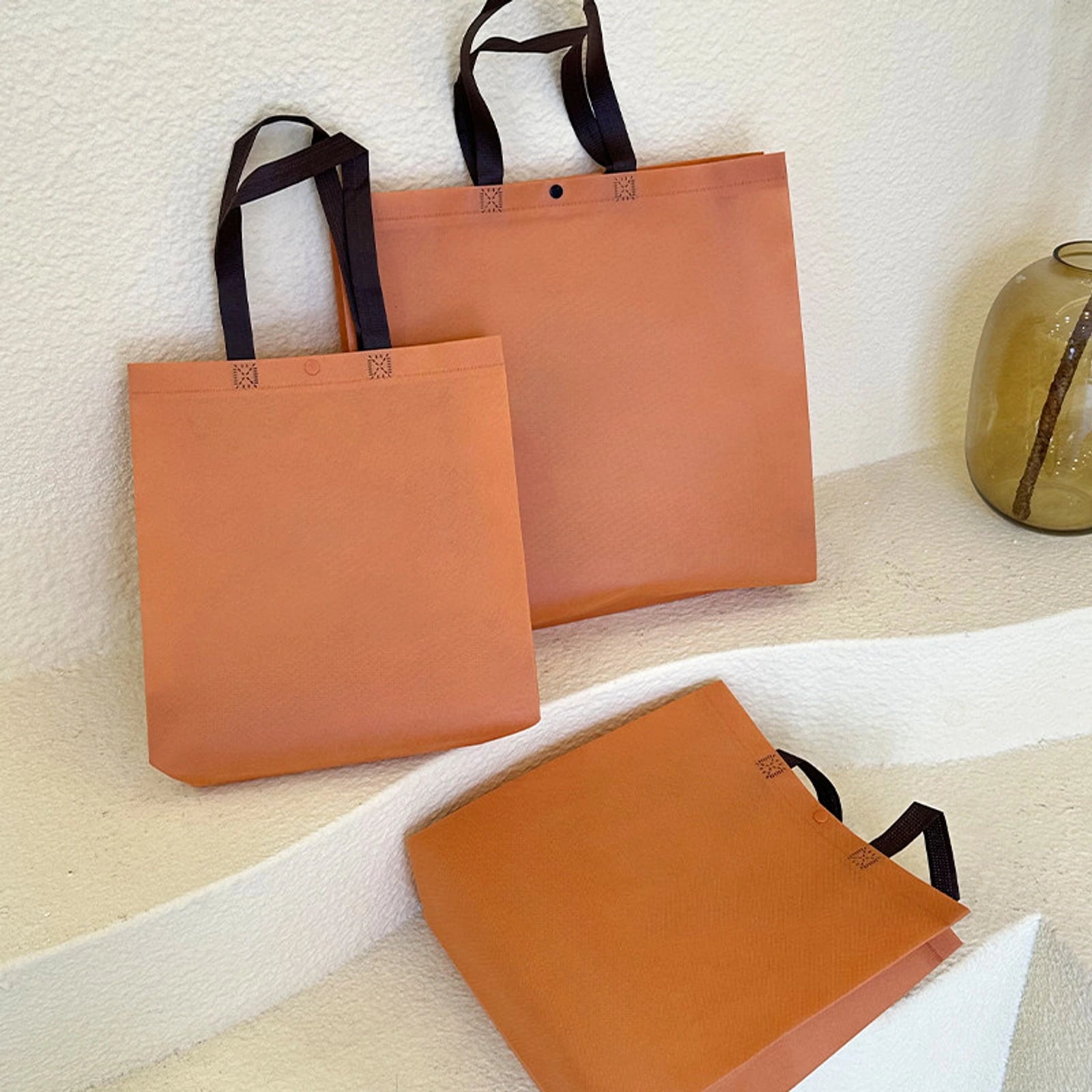 Snap-Closure Non-Woven Tote Bags — 8 Styles — CaramelPlainSnap Closure