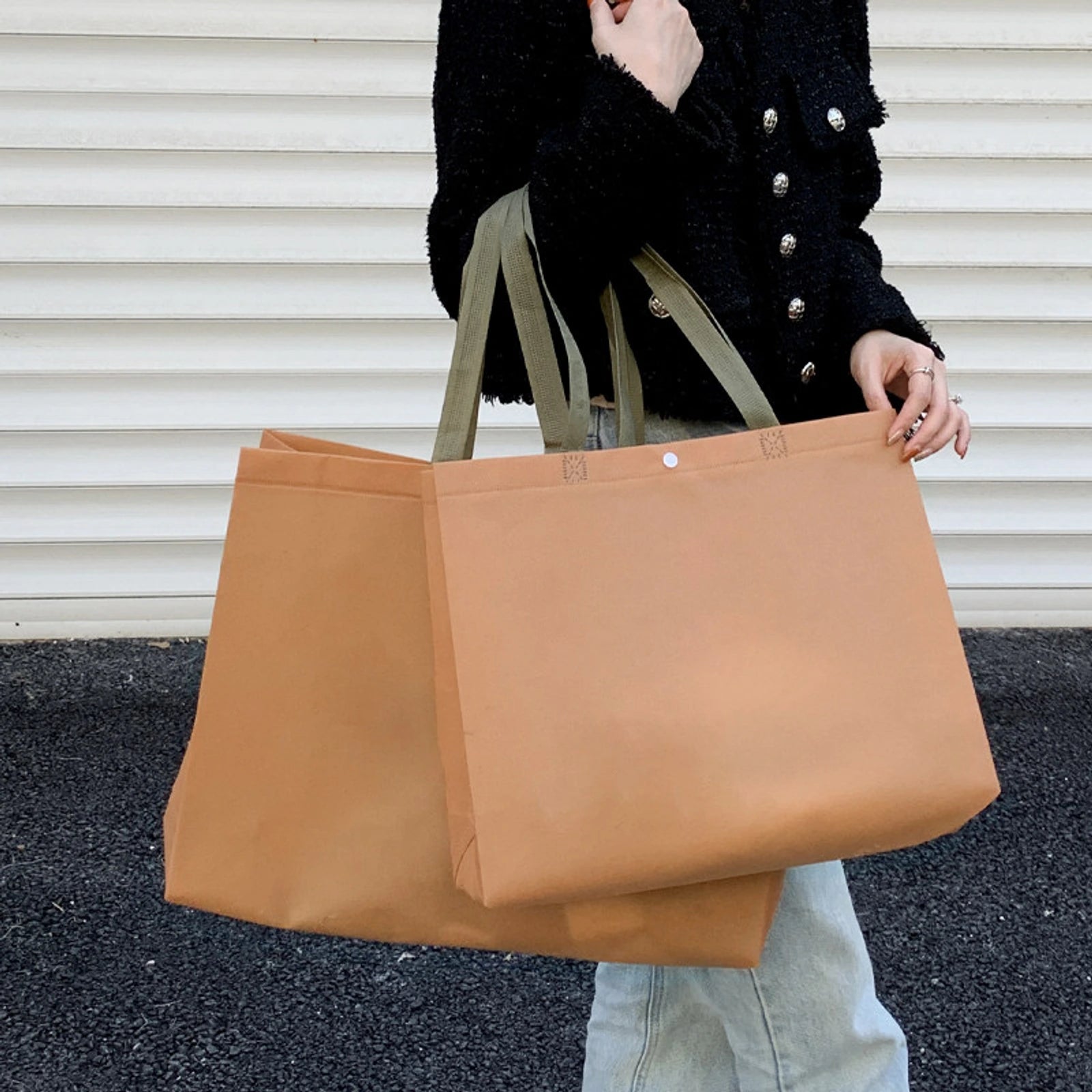 Snap-Closure Non-Woven Tote Bags — 8 Styles — CaramelSnap Closure
