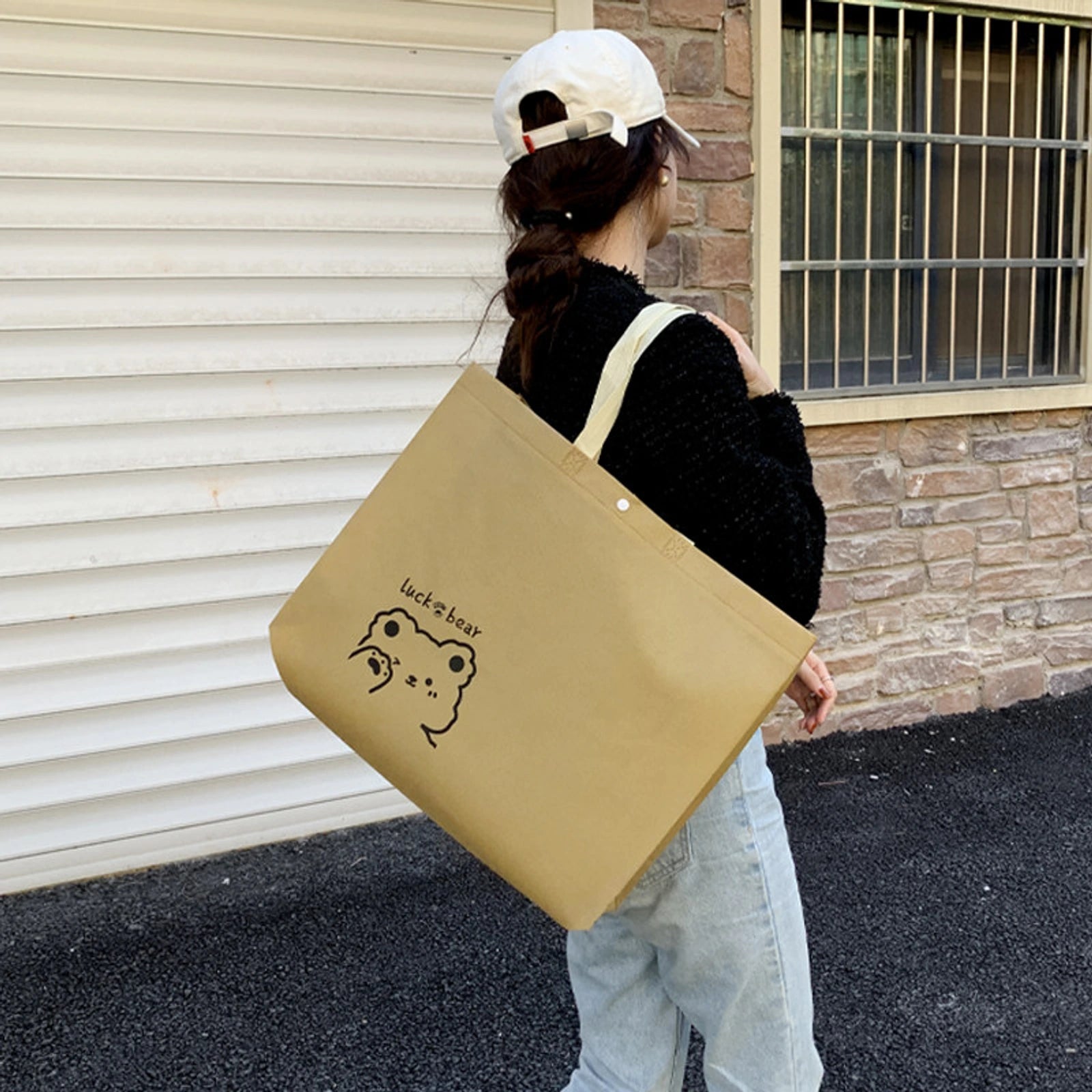 Snap-Closure Non-Woven Tote Bags — 8 Styles — Light Khaki — Bear Print, Snap Closure