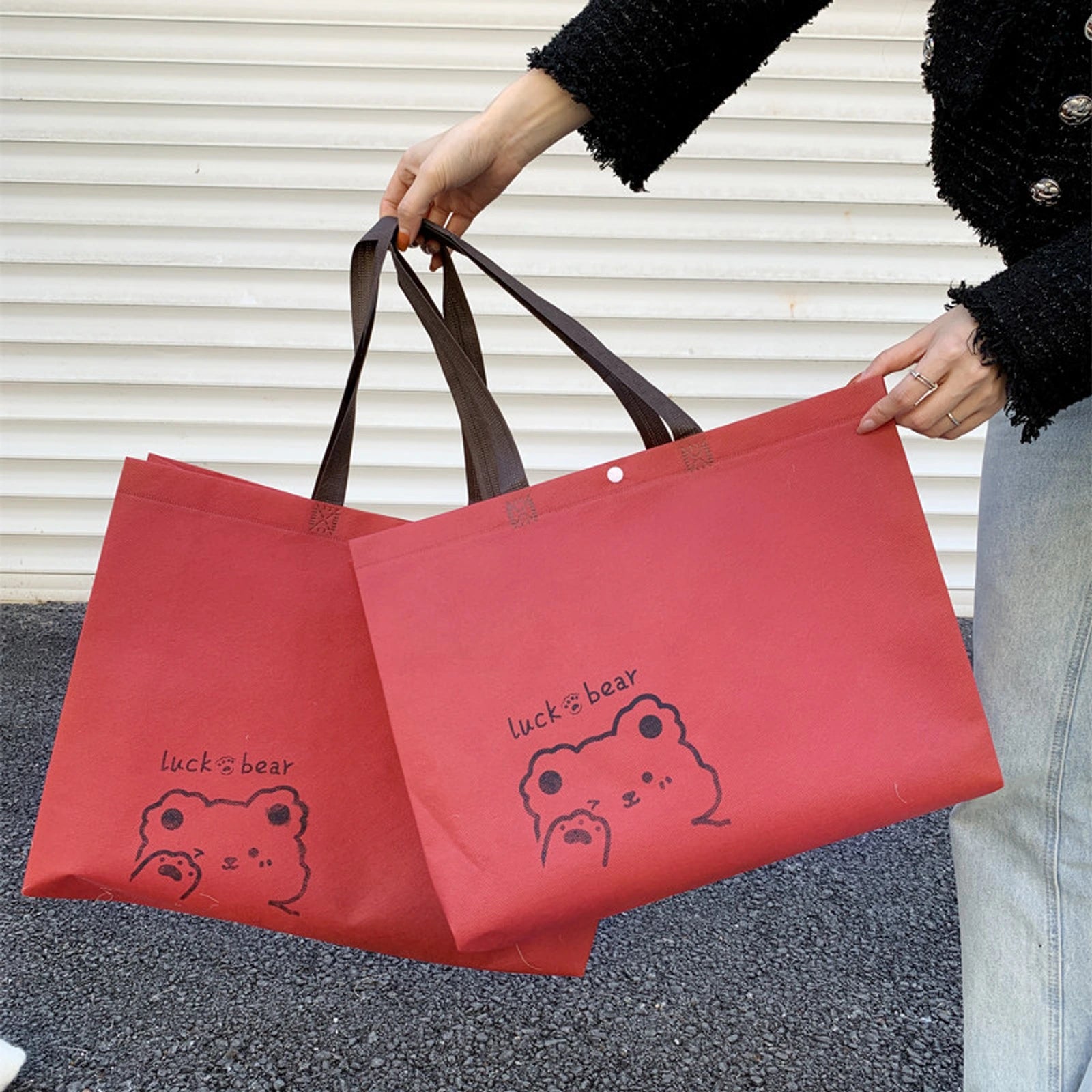 Snap-Closure Non-Woven Tote Bags — 8 Styles — Red — Bear Print, Snap Closure