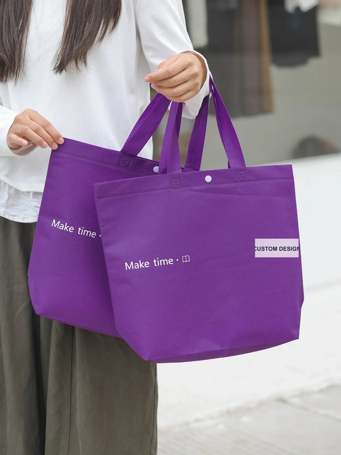 Snap-Closure Purple Non-Woven Tote Bags — 2 Styles product view 3