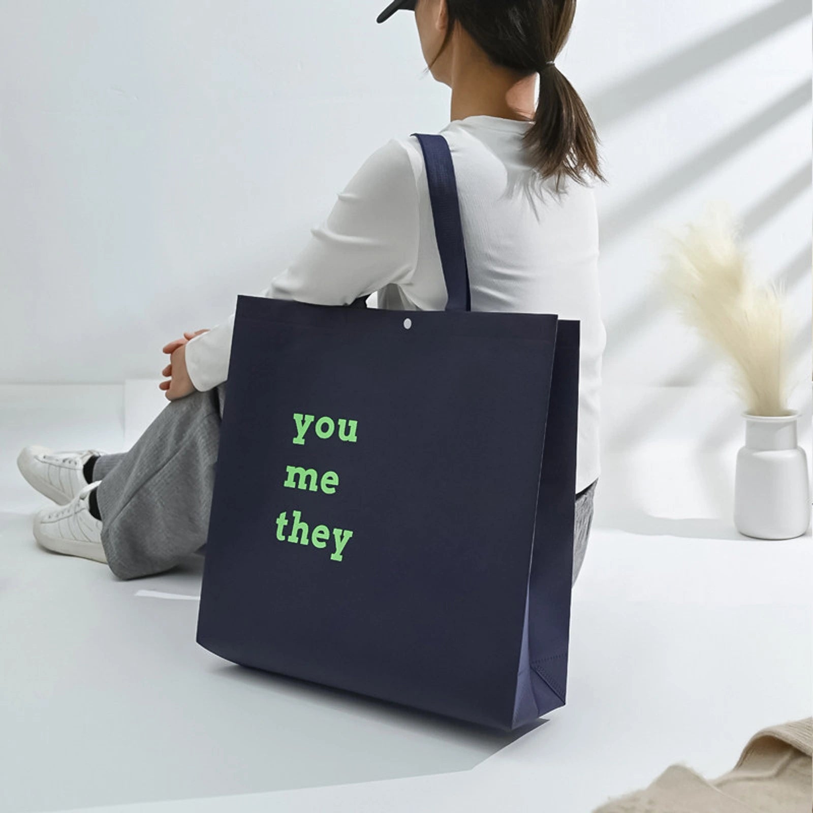 Snap-Closure Purple Non-Woven Tote Bags — 5 Styles — Snap — Closure Tote — Navy