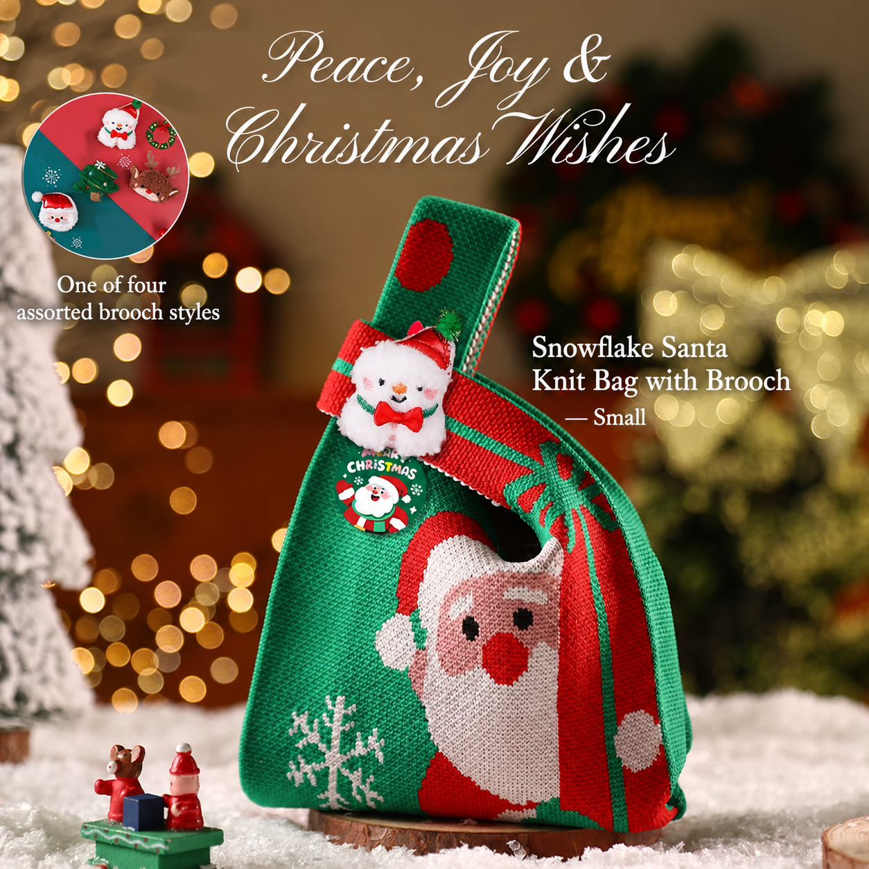Snowflake Santa knitted Christmas gift bag with brooch