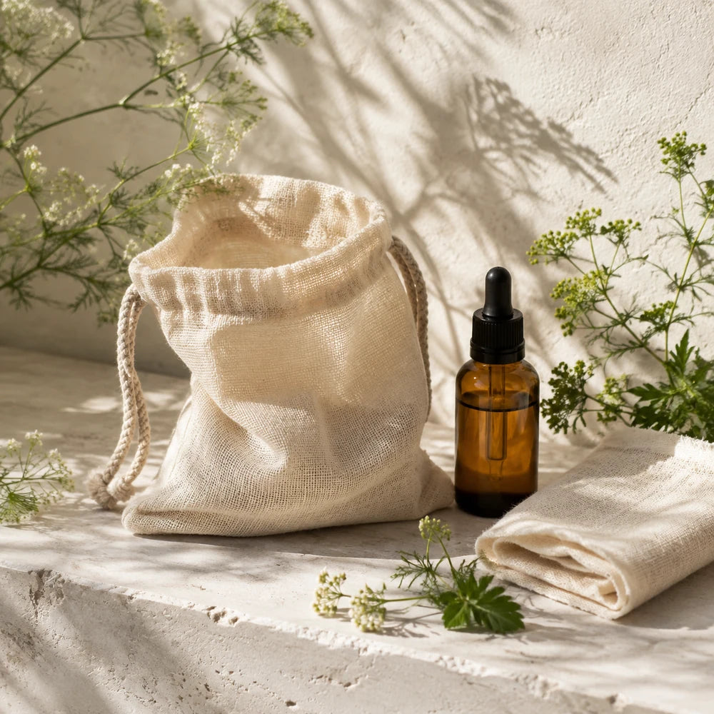 Natural muslin drawstring pouch for botanical skincare packaging
