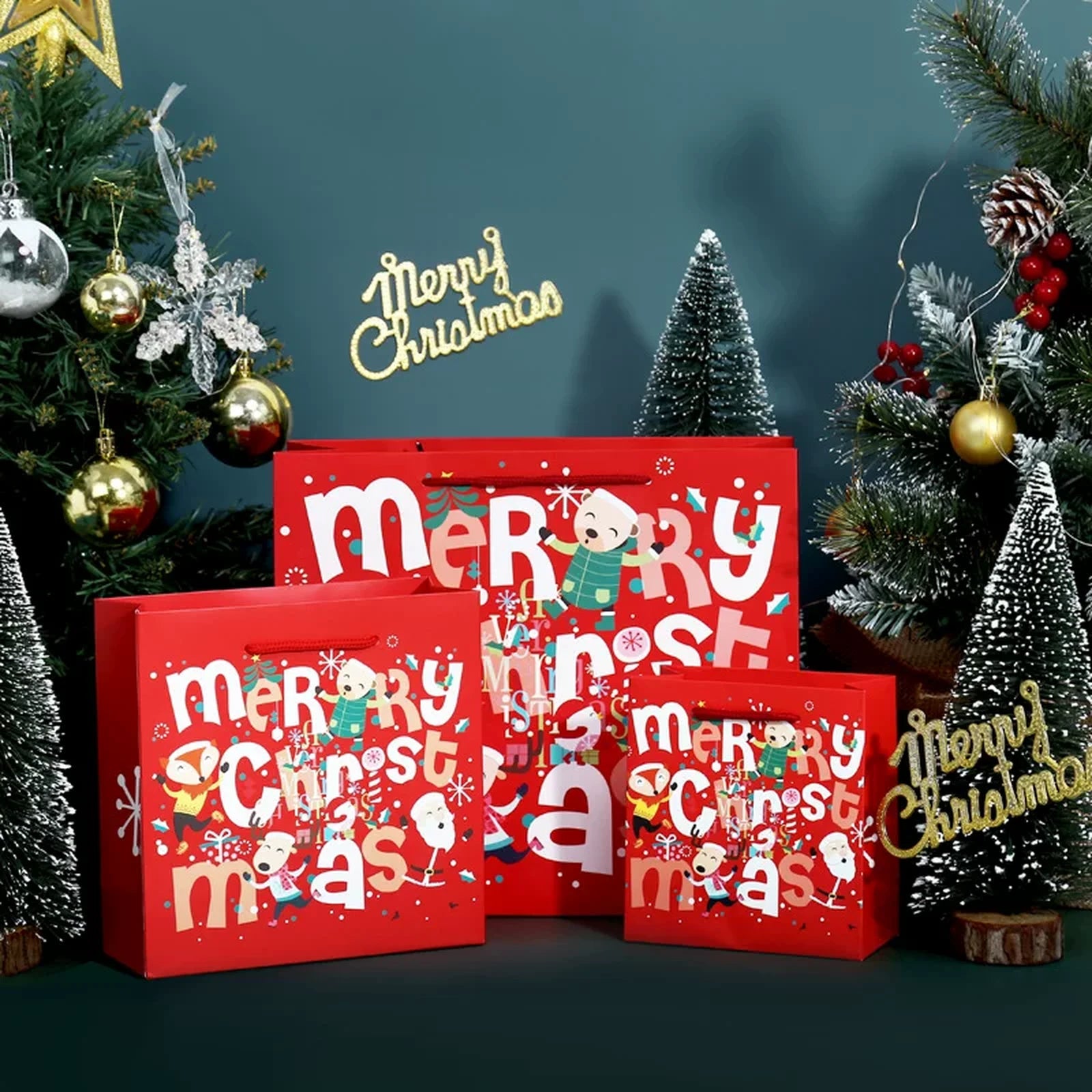 Square-Profile White Cardstock Christmas Gift Bags – product view