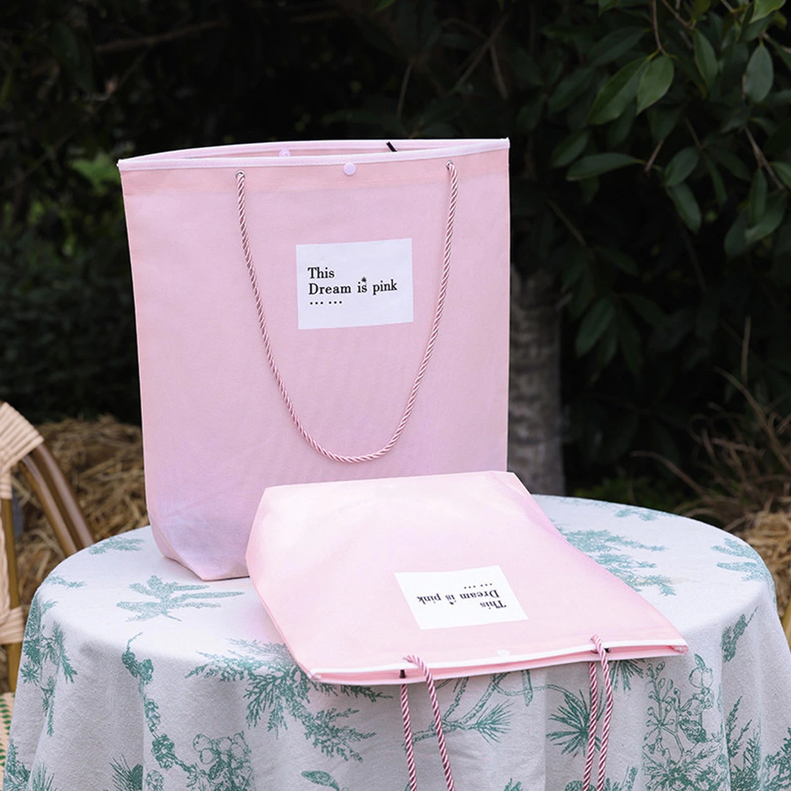 Stitched Ancora-Red Non-Woven Tote Bags — 7 Styles — Inverted Trapezoid — Sakura PinkWhite Block