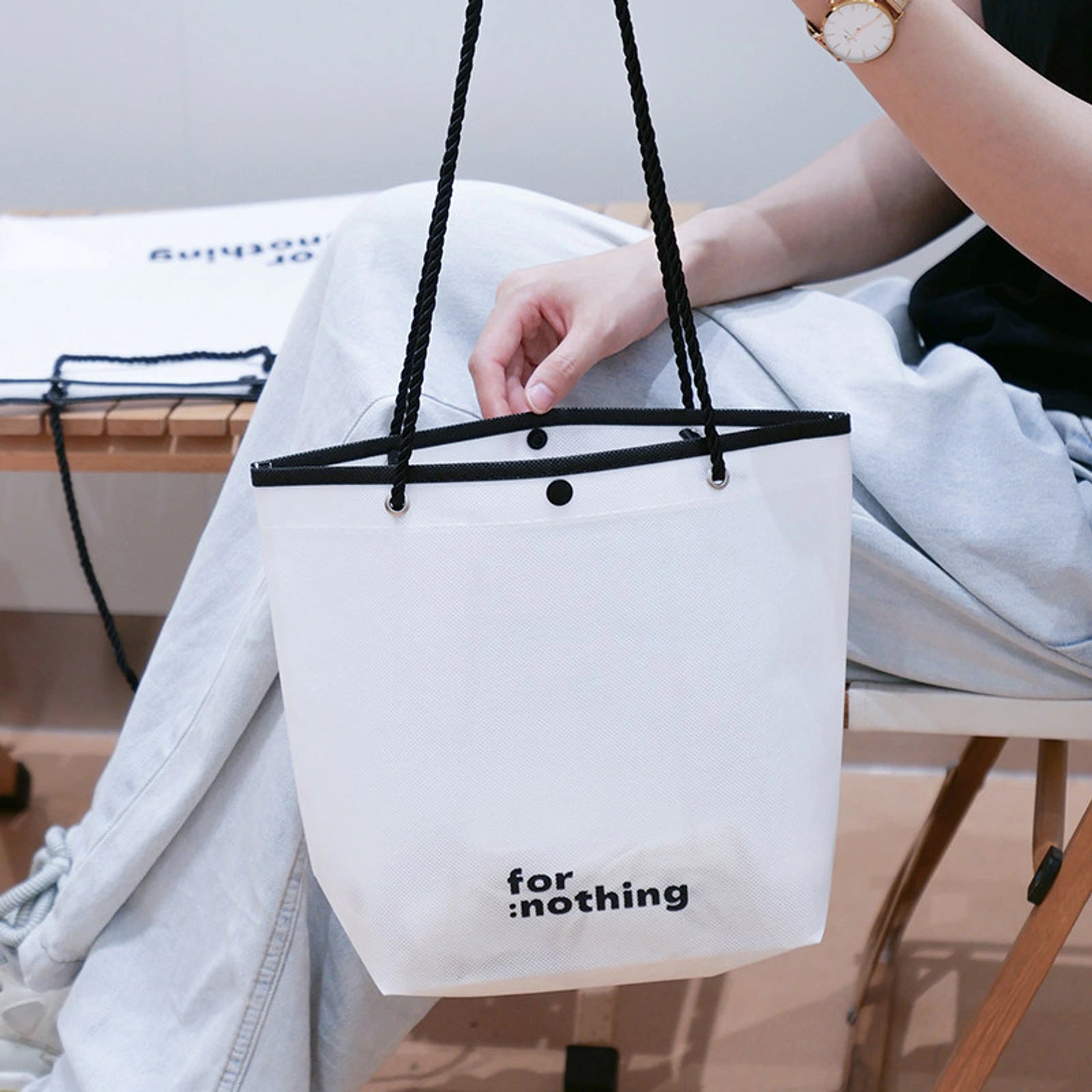 Stitched Ancora-Red Non-Woven Tote Bags — 7 Styles — Inverted Trapezoid — White
