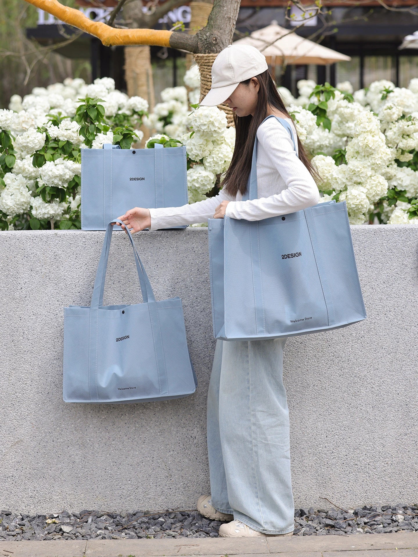Stitched Haze-Blue Non-Woven Tote Bags — 6 Styles product view 1